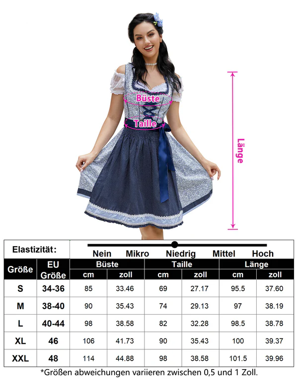 Garvee Damen Traditionelles Dirndl Oktoberfest Kostüm 3-teilig Midirock Kleid Bluse Schürze Blumenmuster Blau