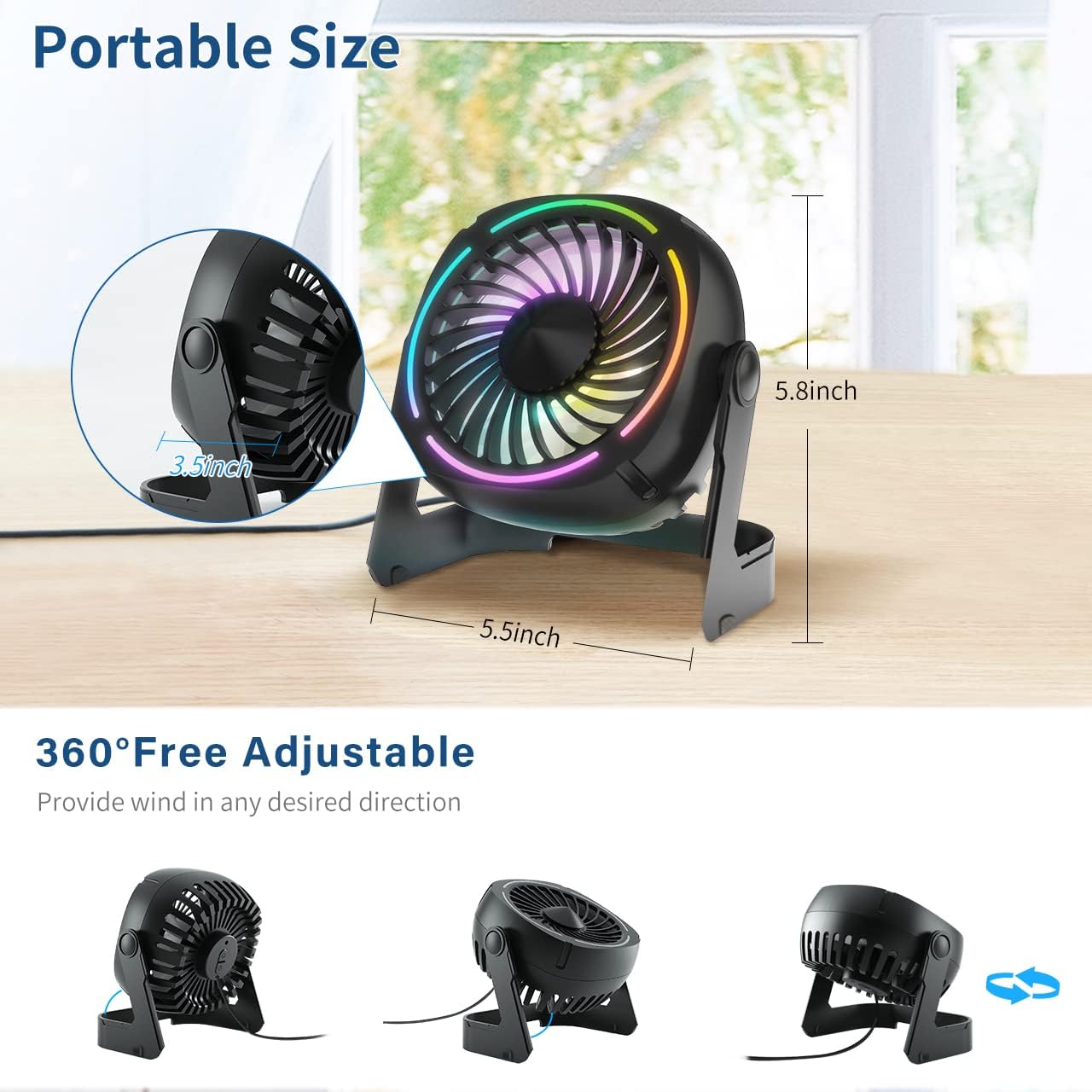 GARVEE USB Tischventilator RGB Kleiner Φ15cm Leiser Mini USB Ventilator 8 Lichtmodi 3 Geschwindigkeiten 360° Drehung 152cm Kabel Tragbar