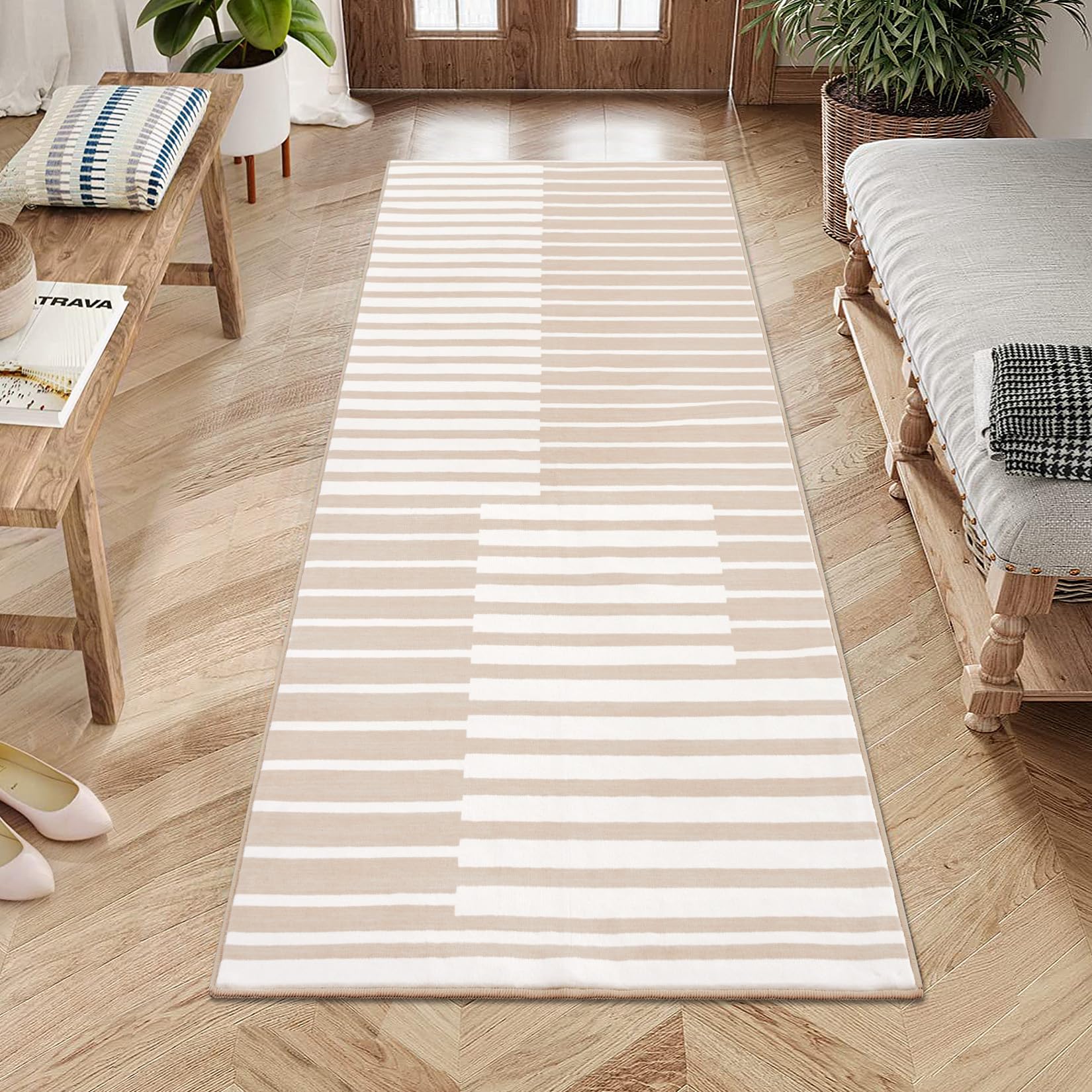 Garvee 80 x 150 Waschbarer Teppich für Flurdekor, Kurzflor-Wohnzimmerteppich, Rutschfest, Weich, Modern, Läuferteppich für Schlafzimmer, Küche, Flur, Braun