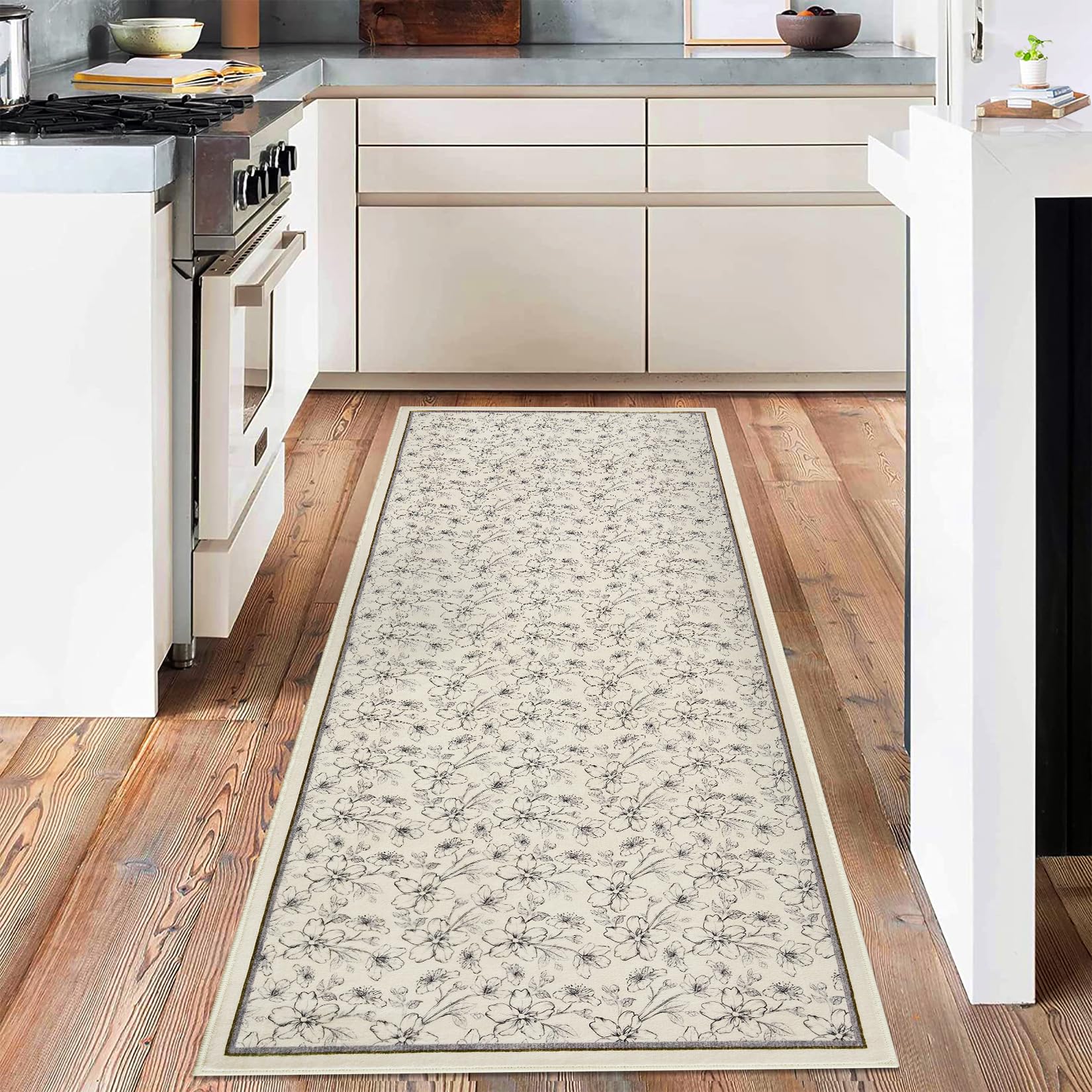 Garvee Teppich Wohnzimmer 80 x 150 cm Kurzflor Rutschfest Vintage Blumen Waschbarer Teppich Blau