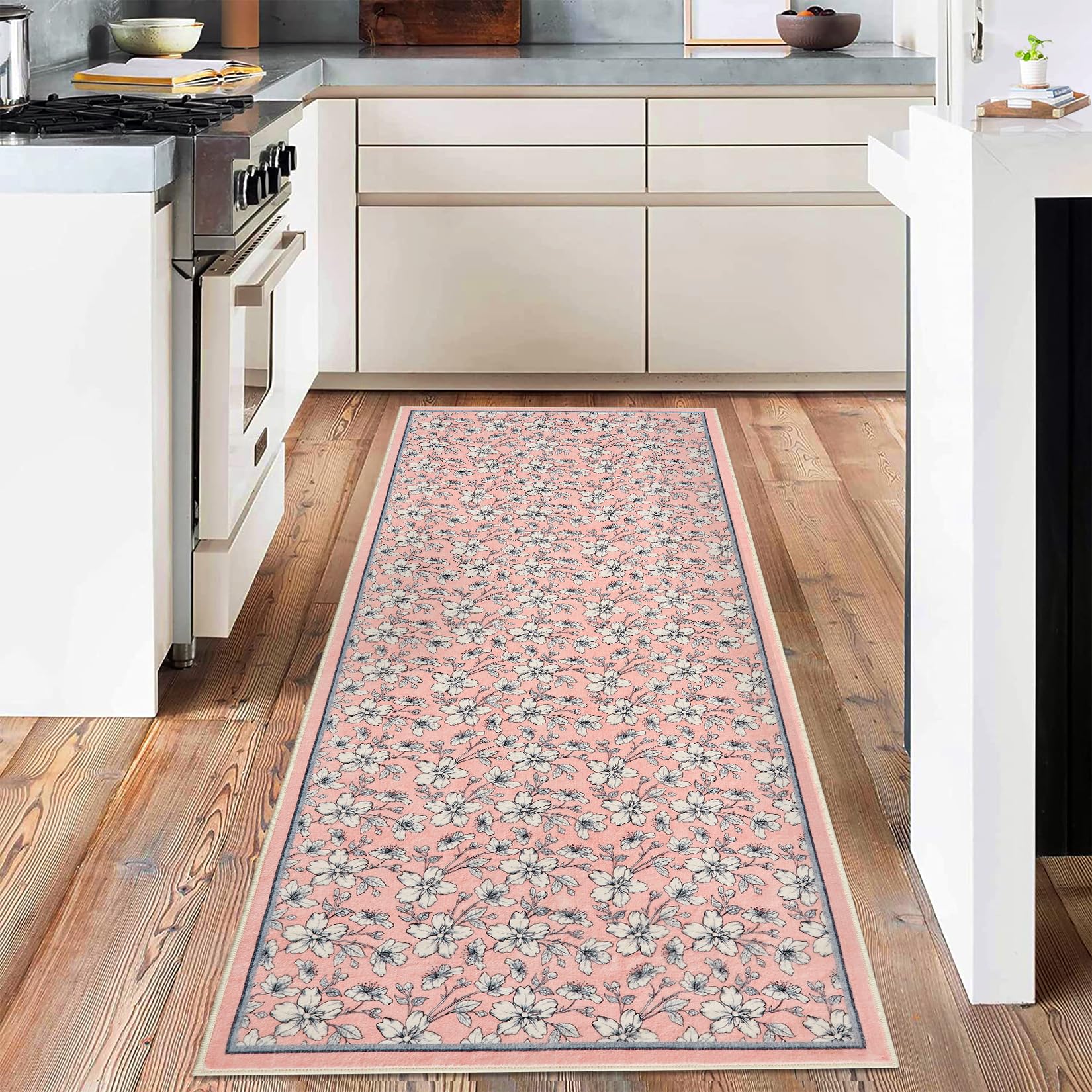 Garvee Teppich Wohnzimmer 80 x 150 cm Kurzflor Rutschfest Vintage Blumen Waschbarer Teppich Blau