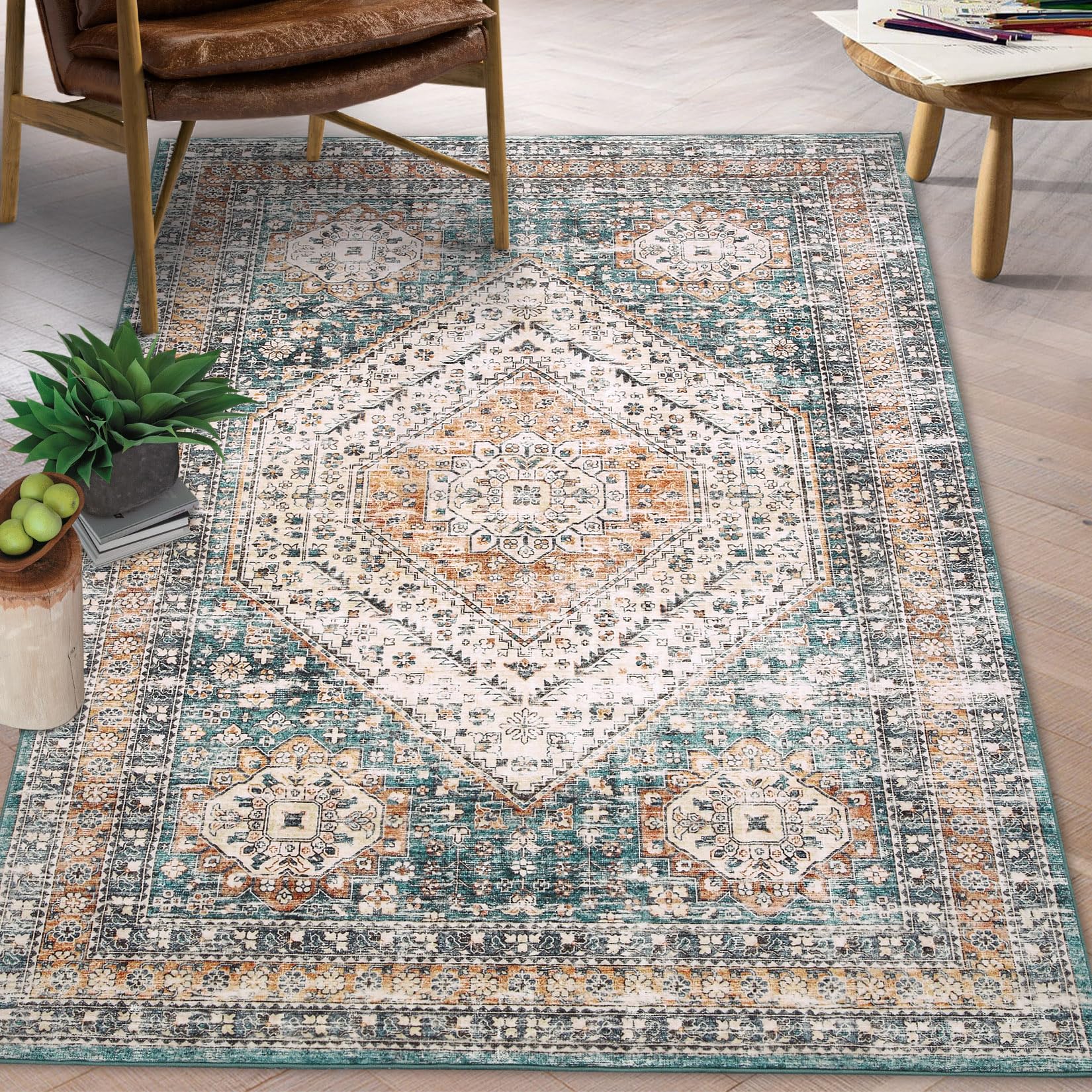 Garvee Waschbarer Teppich mit Niedrigem Flor, Grün, 80 x 150 cm, Rutschfest, für Schlafzimmer, Wohnzimmer, Esszimmer und Büro