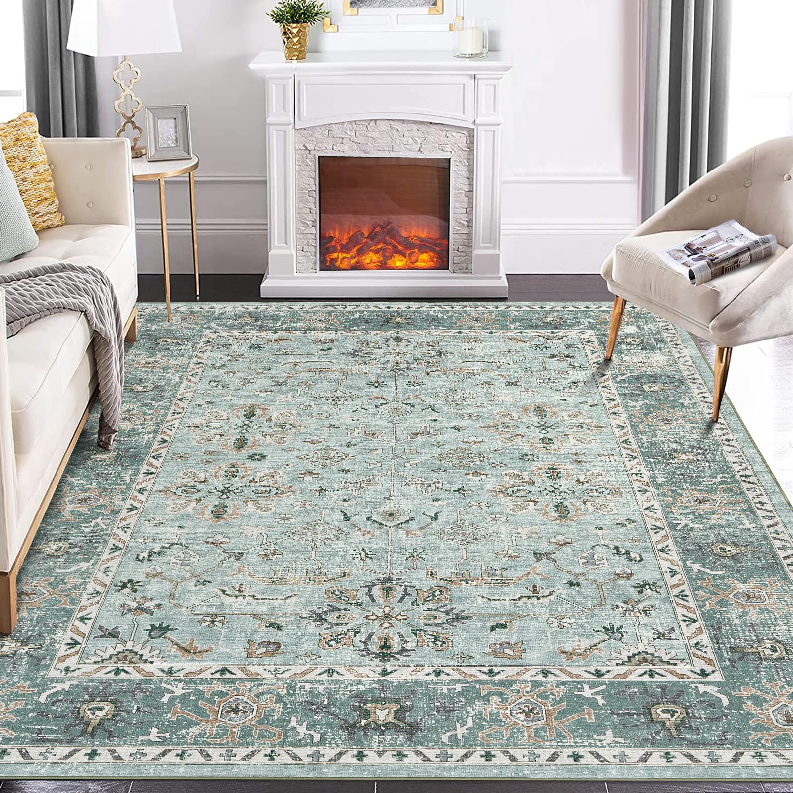 Garvee Waschbare Teppiche Wohnzimmer Kurzflor Bereich Teppich Schlafzimmer Wohnzimmerteppich Für Wohnzimmer Esszimmer 80 x 150 cm Boho-Vintage Print