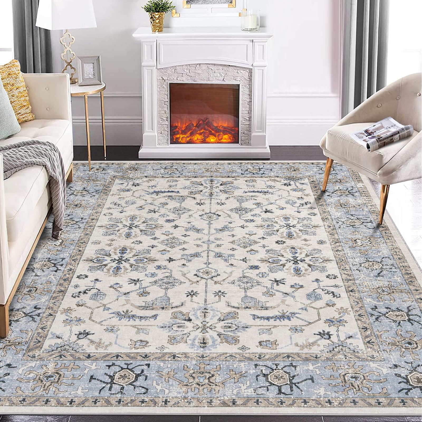 Garvee Waschbarer Teppich Weiche Kaschmir-Baumwolle Boho Vintage-Print Wohnzimmer Esszimmer 80 x 150 cm