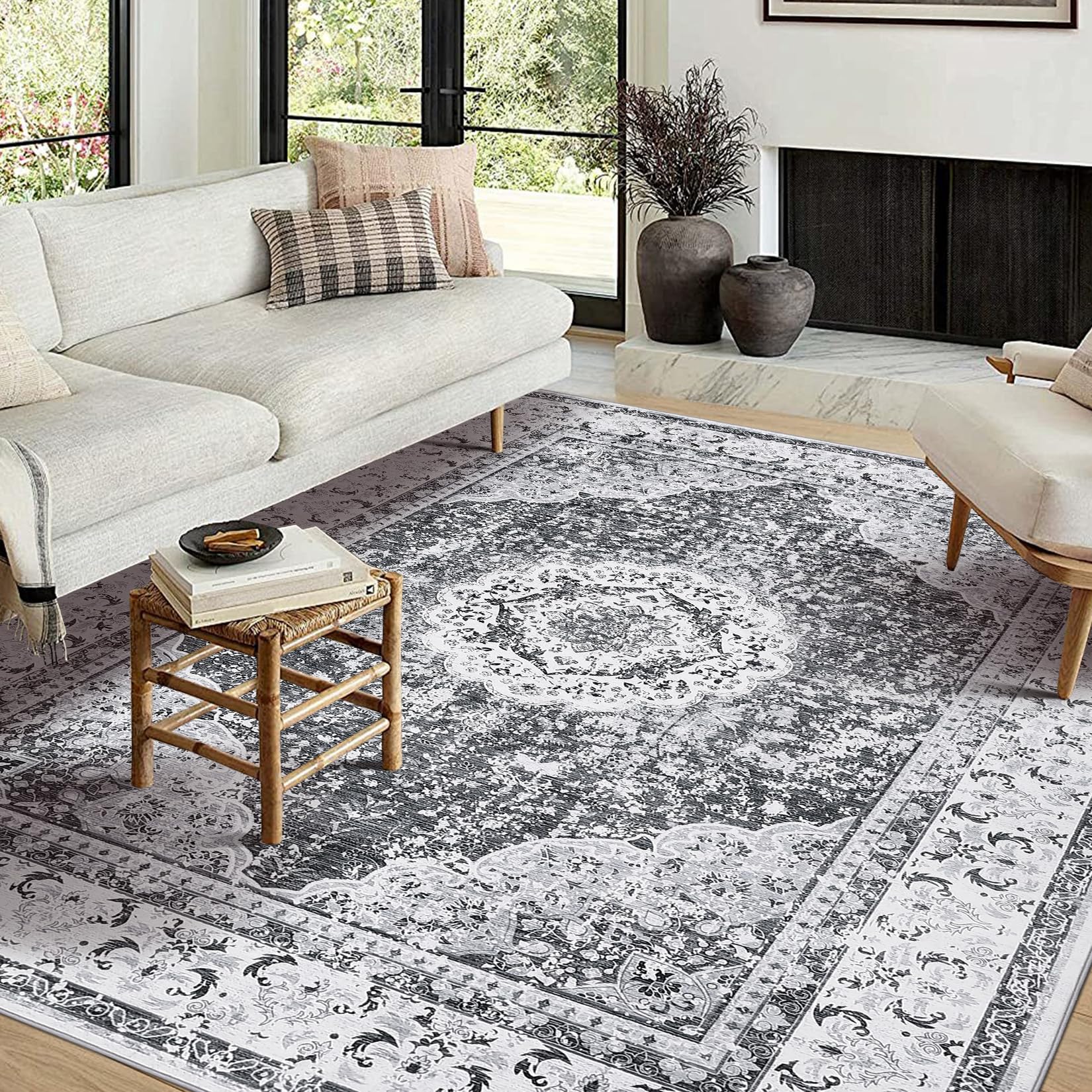 Garvee Boho Vintage Blumenmuster Teppich Waschbarer Teppich 80 x 150 cm Weicher Kunstfell-Samt Rutschfester Teppich für Schlafzimmer, Badezimmer, Küche, Eingangsbereich, Büro