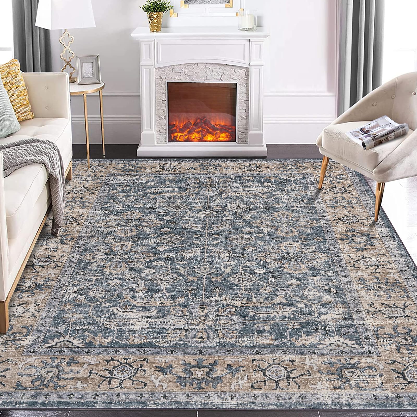 Garvee Waschbarer Teppich Weiche Kaschmir-Baumwolle Boho Vintage-Print Wohnzimmer Esszimmer 80 x 150 cm Braungrau