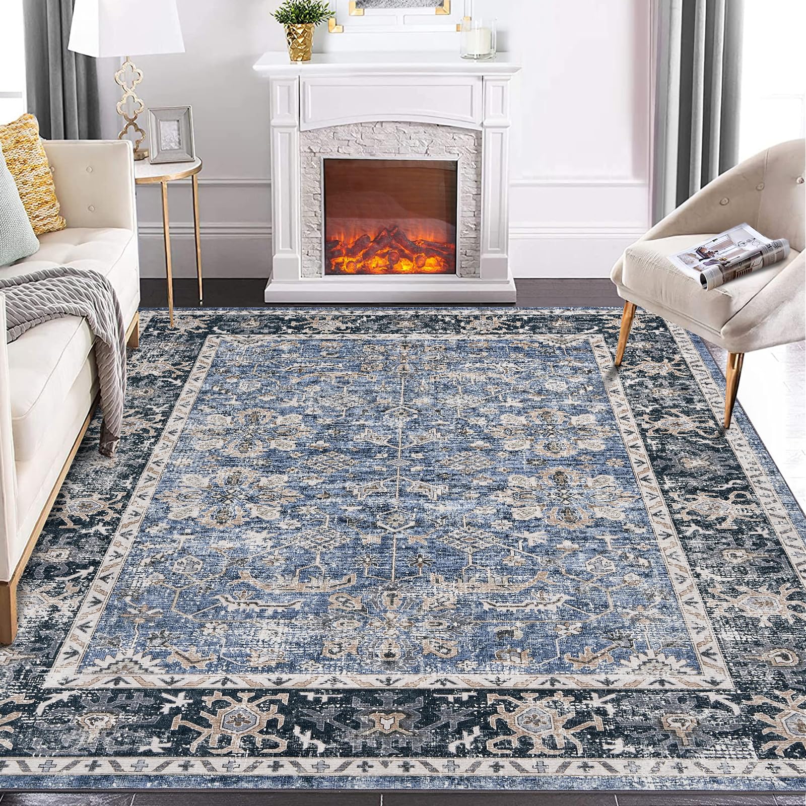 Garvee Waschbarer Teppich Weiche Kaschmir-Baumwolle Boho Vintage-Print Wohnzimmer Esszimmer 80 x 150 cm Braungrau