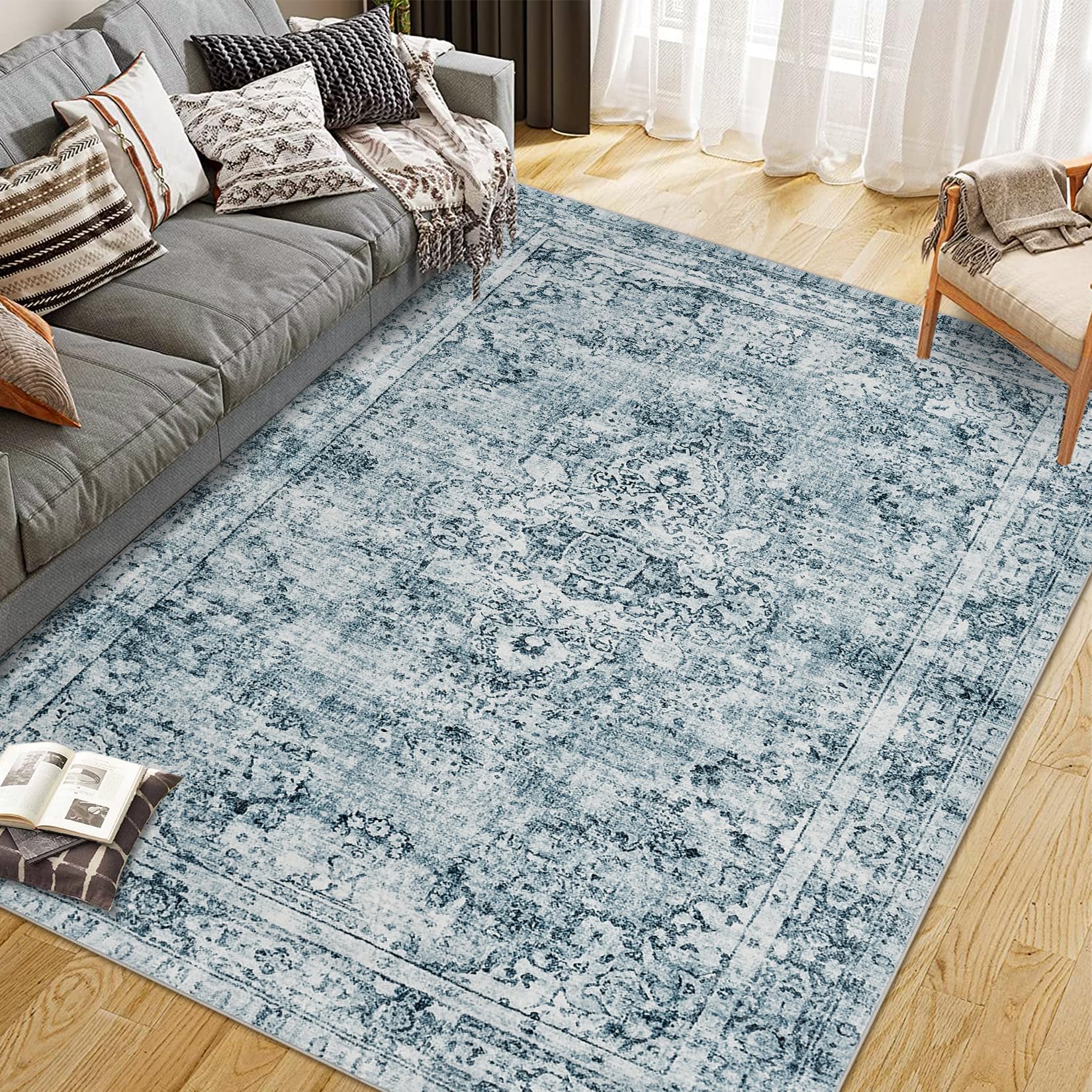 Garvee Kurzflor-Teppiche Blau 80 x 150 cm für Wohnzimmer Schlafzimmer Boho Modern Vintage Klassisch