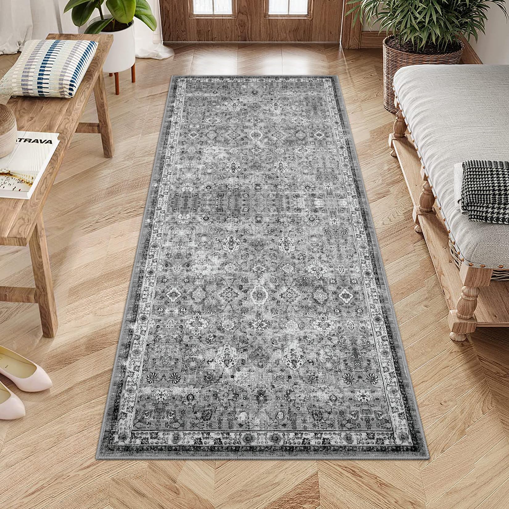 Garvee Vintage Teppich 80 x 150 cm Rutschfest Waschbar Boho Teppich Für Wohnzimmer Schlafzimmer Esszimmer Rotbraun