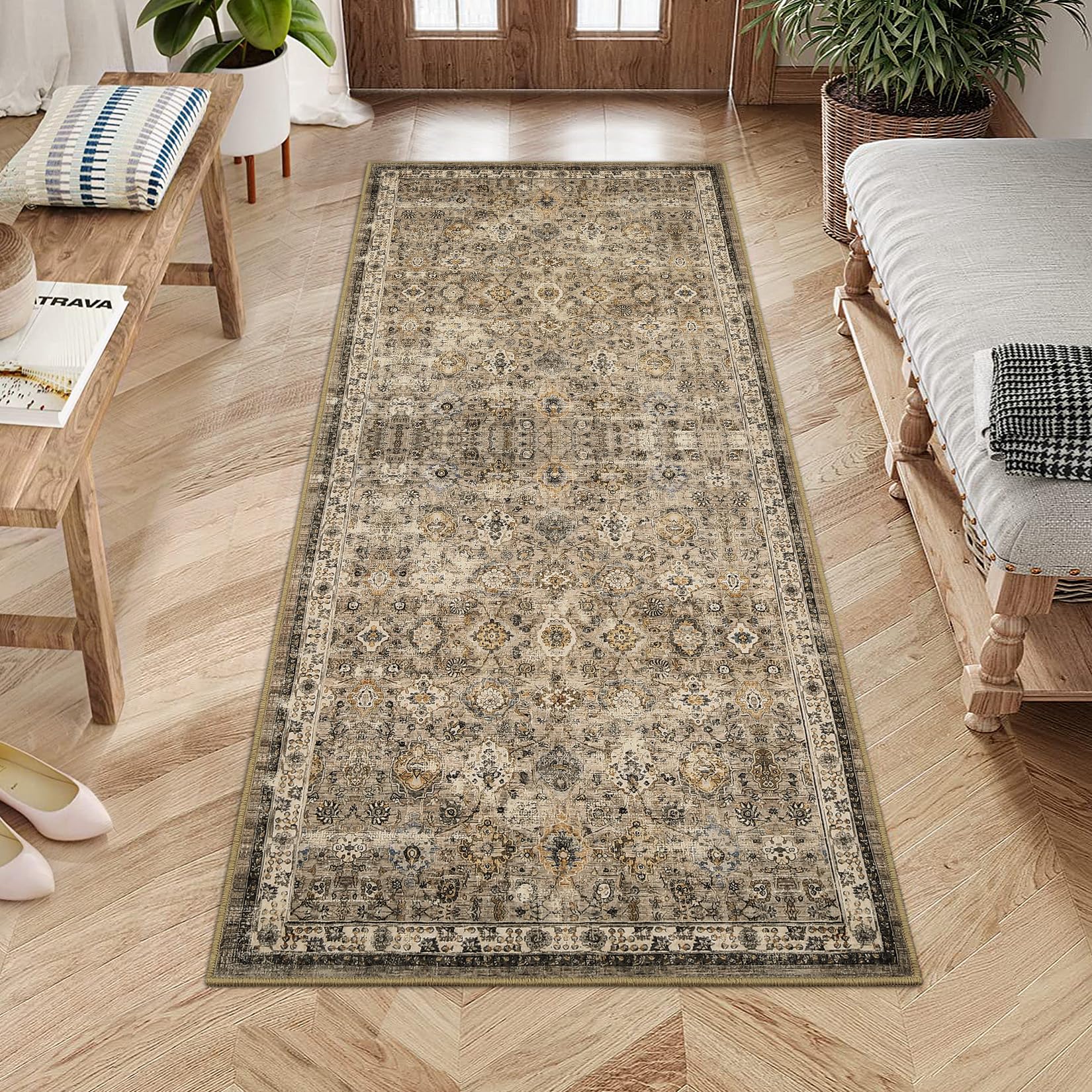 Garvee Vintage Teppich 80 x 150 cm Rutschfest Waschbar Boho Teppich Für Wohnzimmer Schlafzimmer Esszimmer Rotbraun