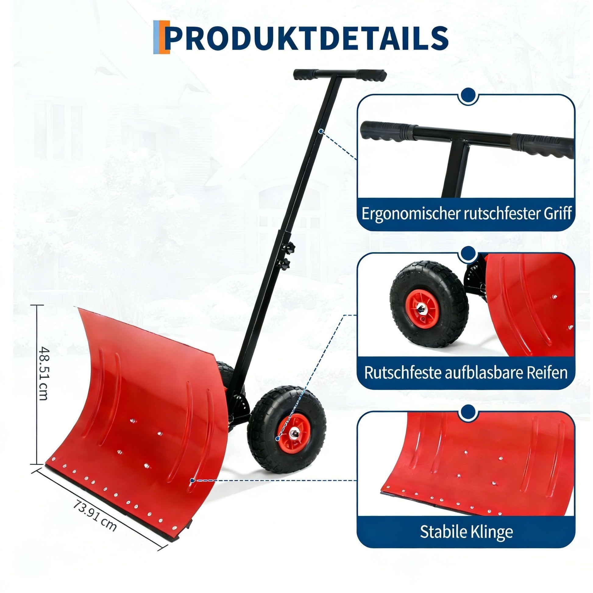 Garvee Schneeschieber mit Rädern – 74x42 cm Stahl-Klinge, 5-fach Höhenverstellung & höhenverstellbarer Griff für Einfahrt & Gehweg