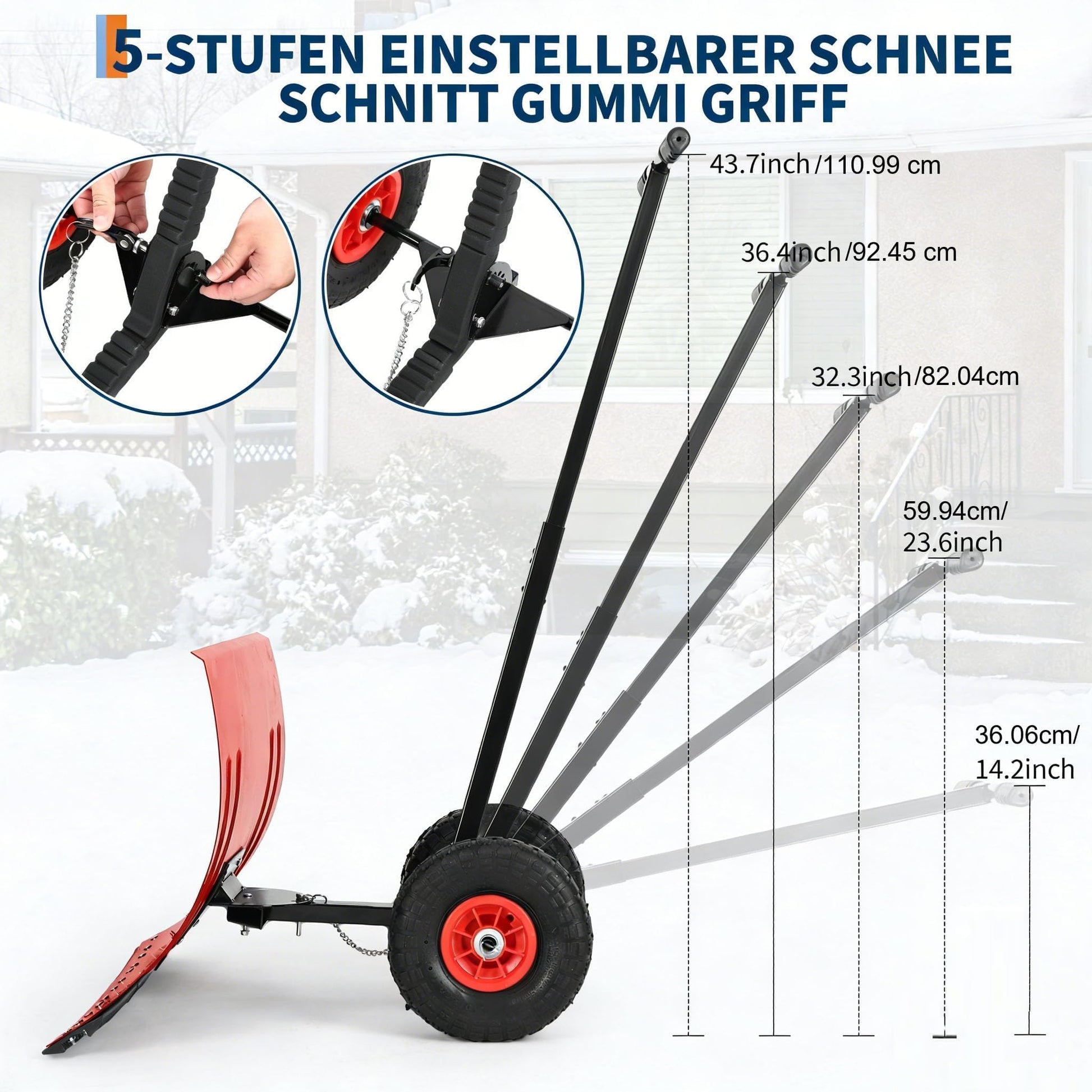 Garvee Schneeschieber mit Rädern – 74x42 cm Stahl-Klinge, 5-fach Höhenverstellung & höhenverstellbarer Griff für Einfahrt & Gehweg