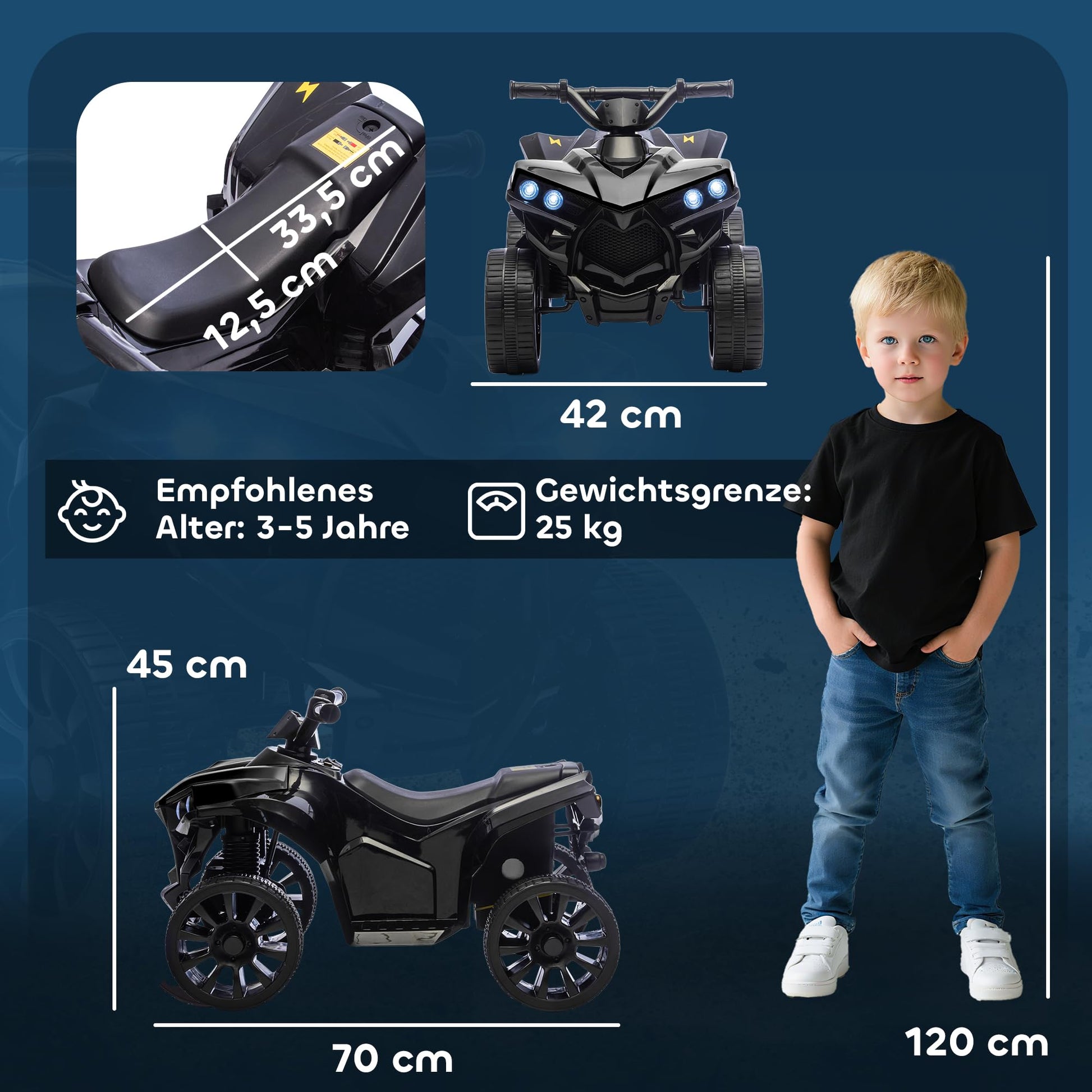 Garvee 6V Kinder Elektro-ATV – LED, Musik, Sicheres Fahren, Schwarz, Ab 3 Jahren