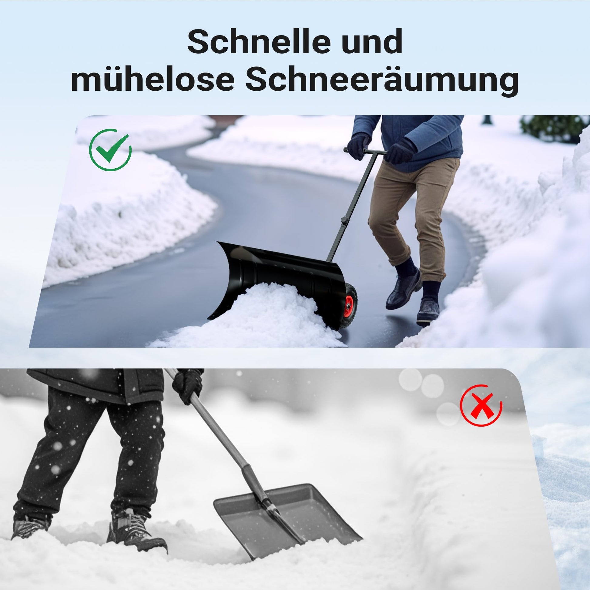 Garvee Schneeschieber mit Rädern – 75x40 cm Stahl-Klinge, 5-fach höhen- & neigungsverstellbar, klappbar & rückenschonend für Einfahrt und Gehweg (Schwarz)