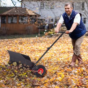 Garvee Schneeschieber mit Rädern – 74x42 cm Metall-Klinge, 5-fach höhenverstellbar & klappbar, rückenschonend für Gehweg, Einfahrt & Garten