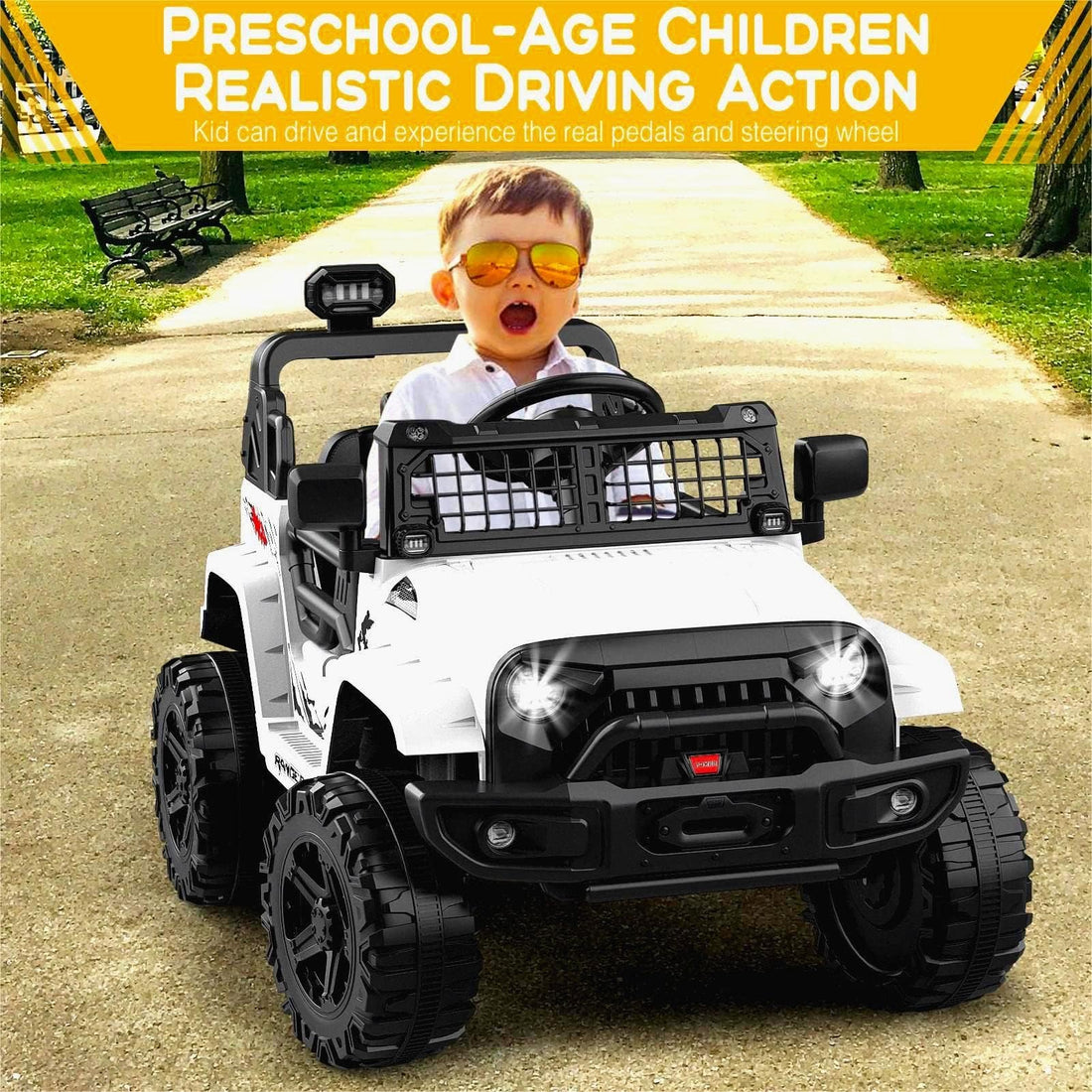 Garvee Weiß 12V Kinder Elektroauto Geländewagen mit Fernbedienung Offroad-Reifen LED Licht und Musik Für Kinder 3-8 Jahre