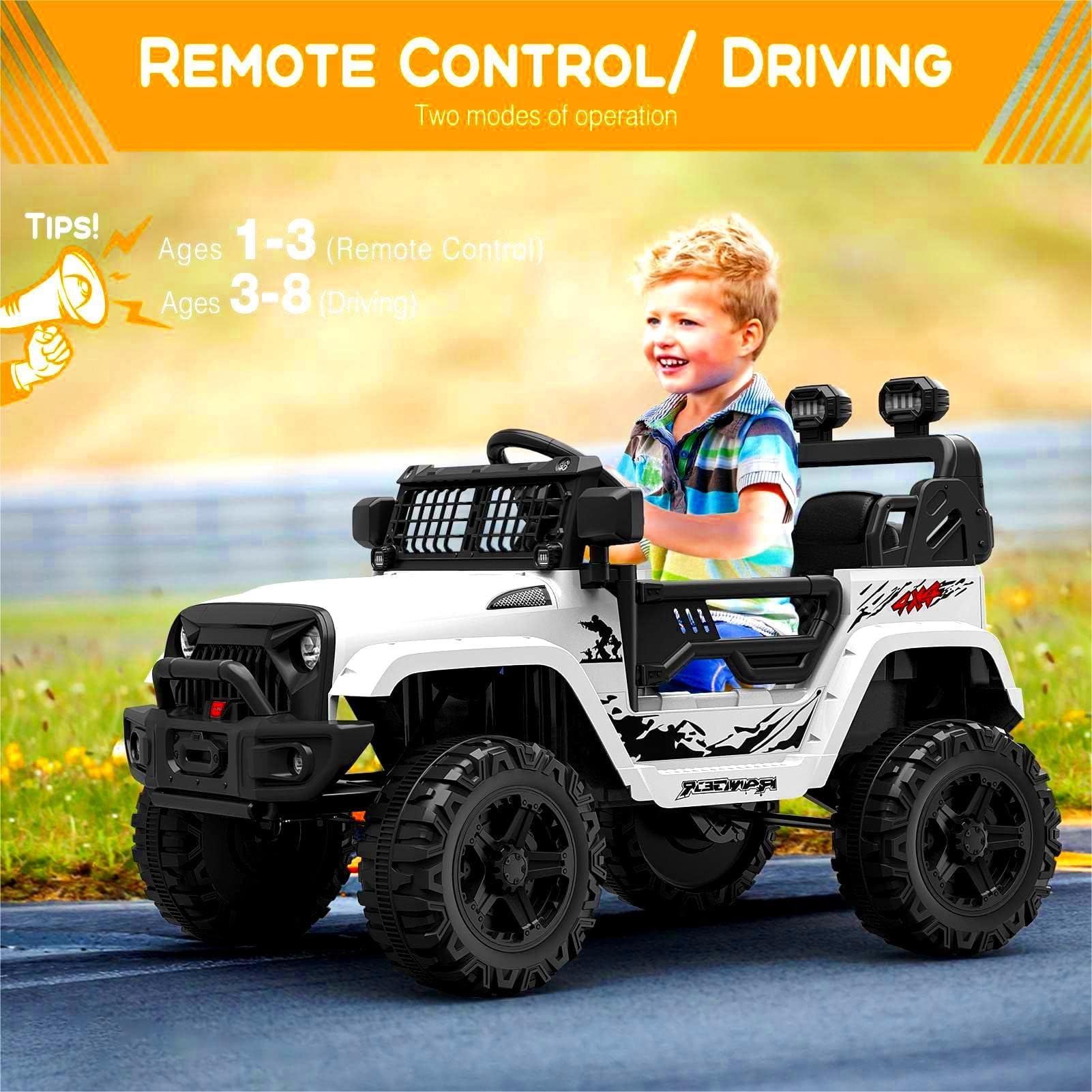 Garvee Weiß 12V Kinder Elektroauto mit Fernbedienung Offroad-Reifen LED Licht und Musik Für Kinder 3-8 Jahre
