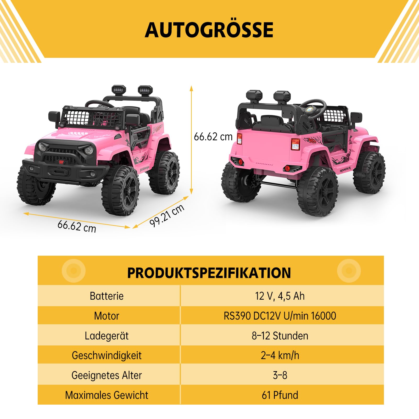 Garvee Rosa 12V Kinder Elektroauto mit Fernbedienung Offroad-Reifen LED Licht und Musik Für Kinder 3-8 Jahre