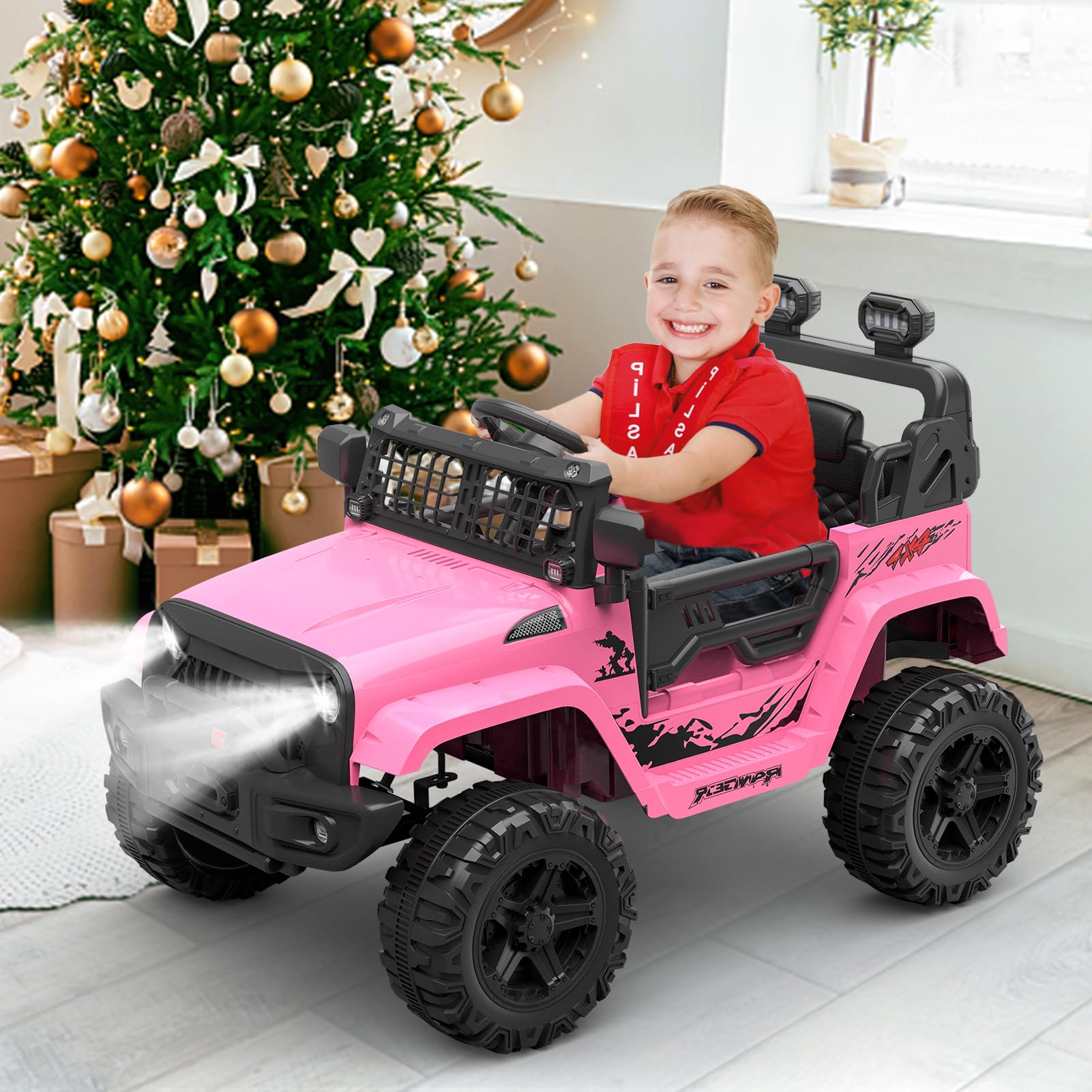 Garvee Rosa 12V Kinder Elektroauto mit Fernbedienung Offroad-Reifen LED Licht und Musik Für Kinder 3-8 Jahre