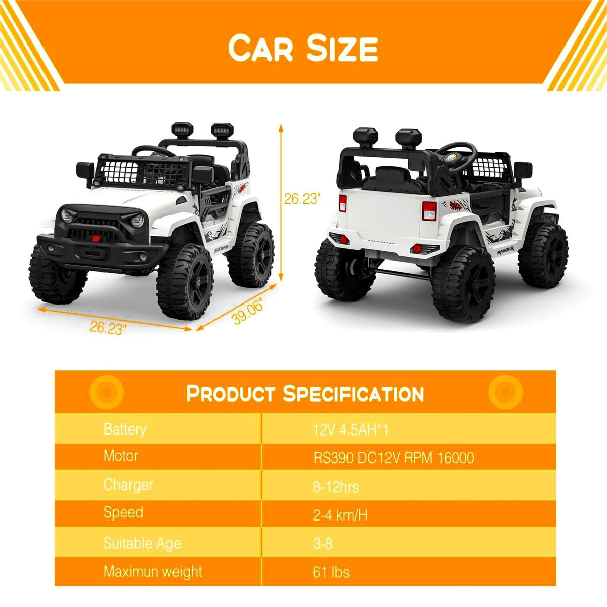 Garvee Kinder Elektroauto Maße 99,21 × 66,62 × 66,62 cm