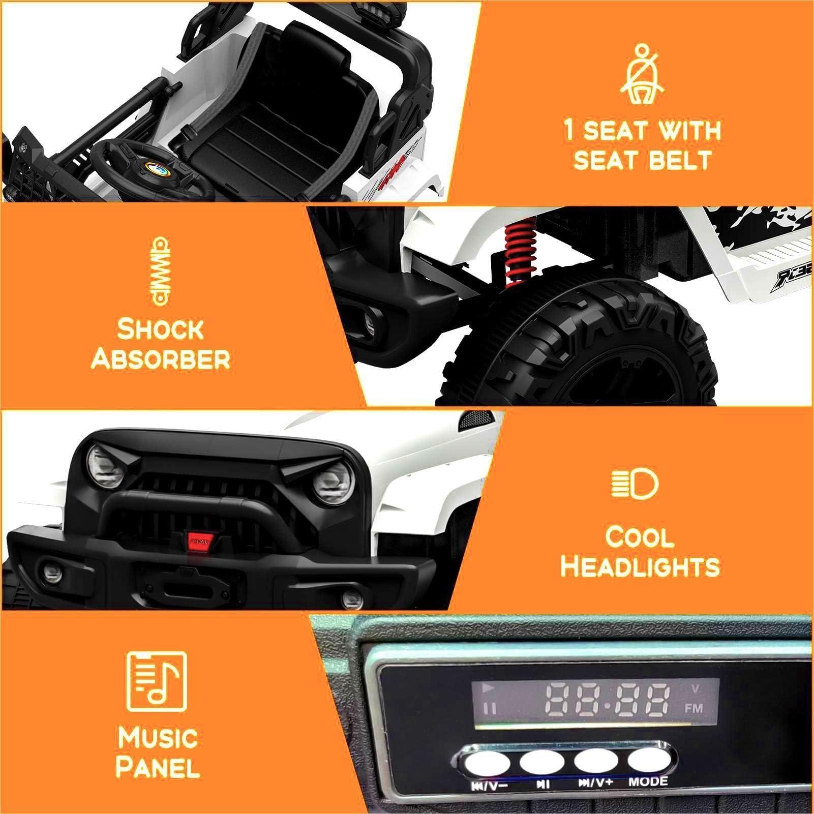 Garvee Weiß 12V Kinder Elektroauto mit Fernbedienung Offroad-Reifen LED Licht und Musik Für Kinder 3-8 Jahre