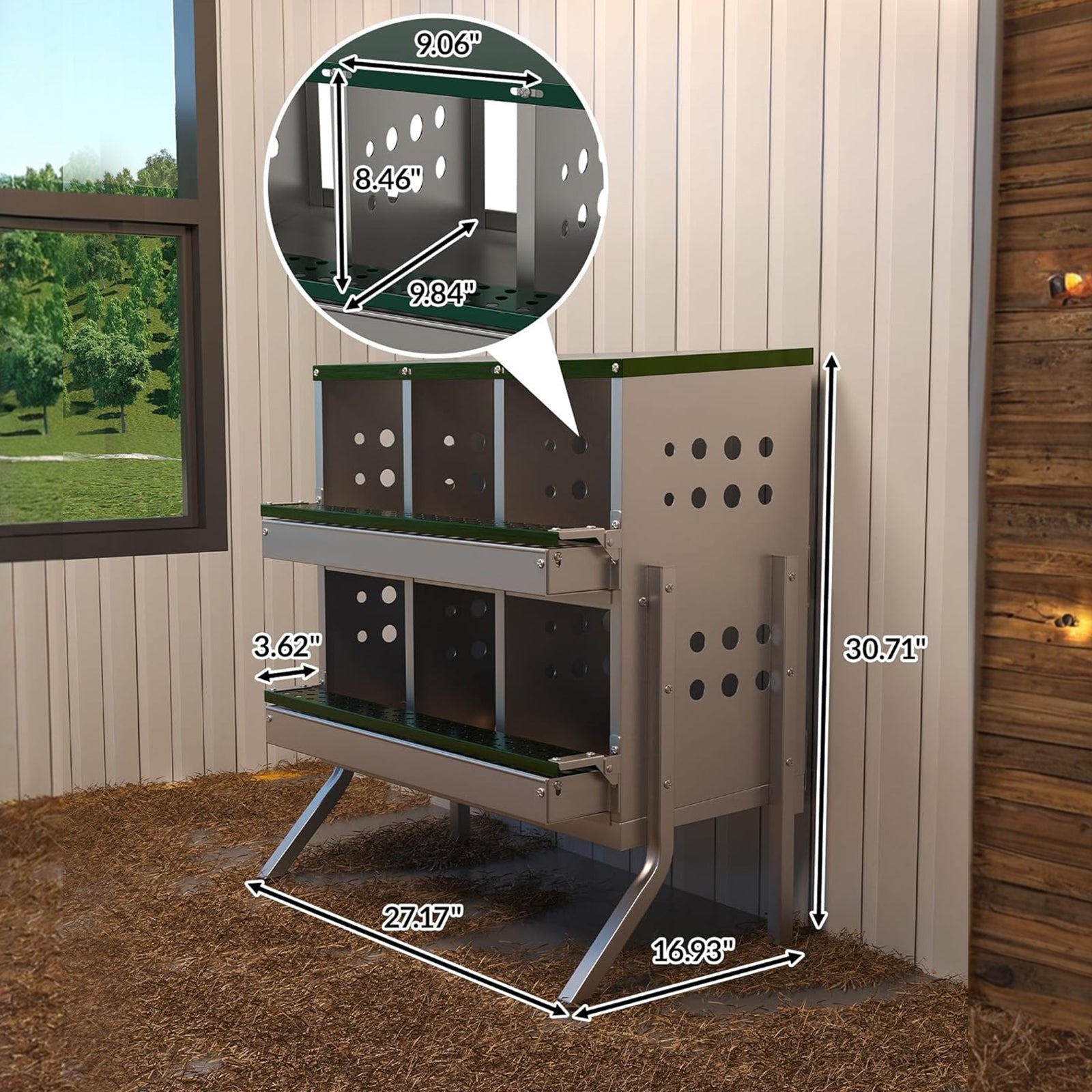 Garvee Hühner Nistkästen 6 Fächer Metall, 69x43x78 cm Gesamt Mit Ständer, 23x25x21.5 cm Pro Fach, Wasserdicht Verzinkter Stahl, Für 6 Hühner (Grün)