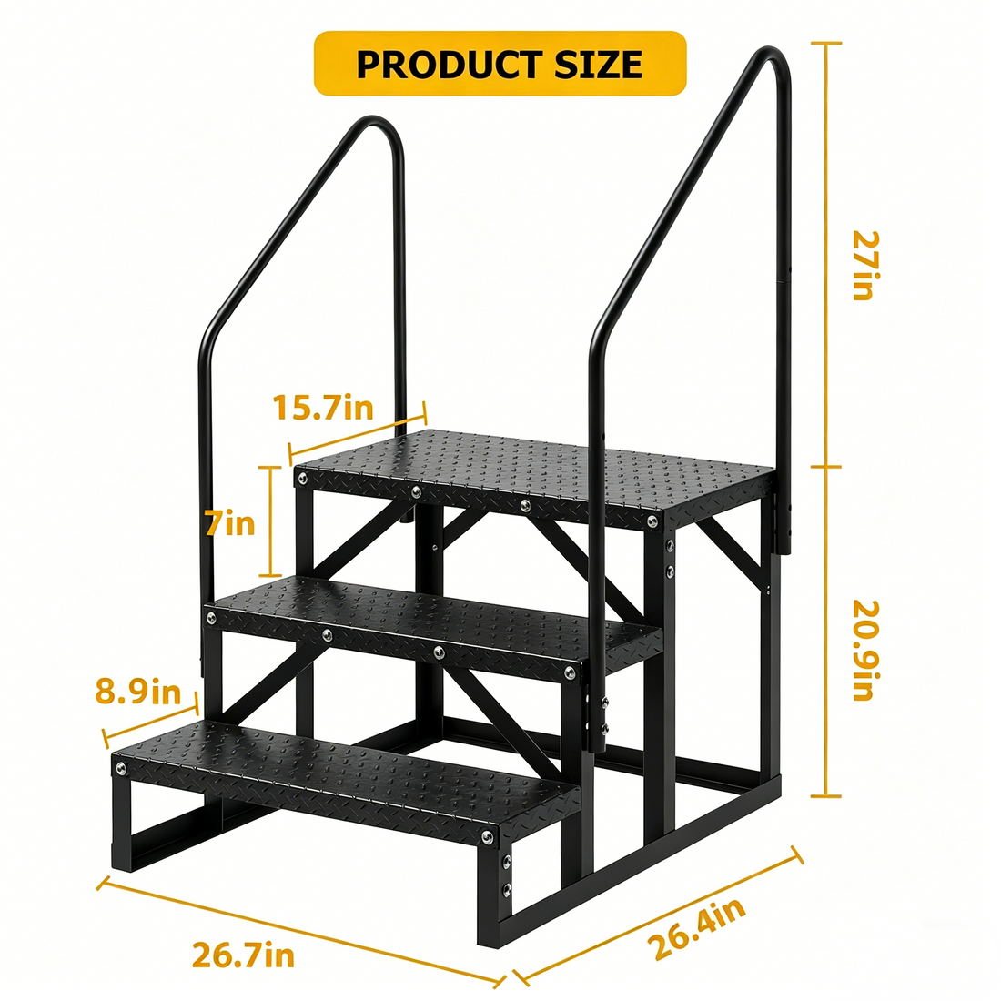 Garvee Wohnmobil Treppe 3 Stufen mit Handlauf, 300 Kg Tragkraft, Rutschfest, Stahl, Tragbar