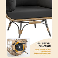 Garvee Rattan Ei Stuhl 360° Drehbar, Mit Kissen, Stahlrahmen, Für Innen & Außen, Braun+Schwarz