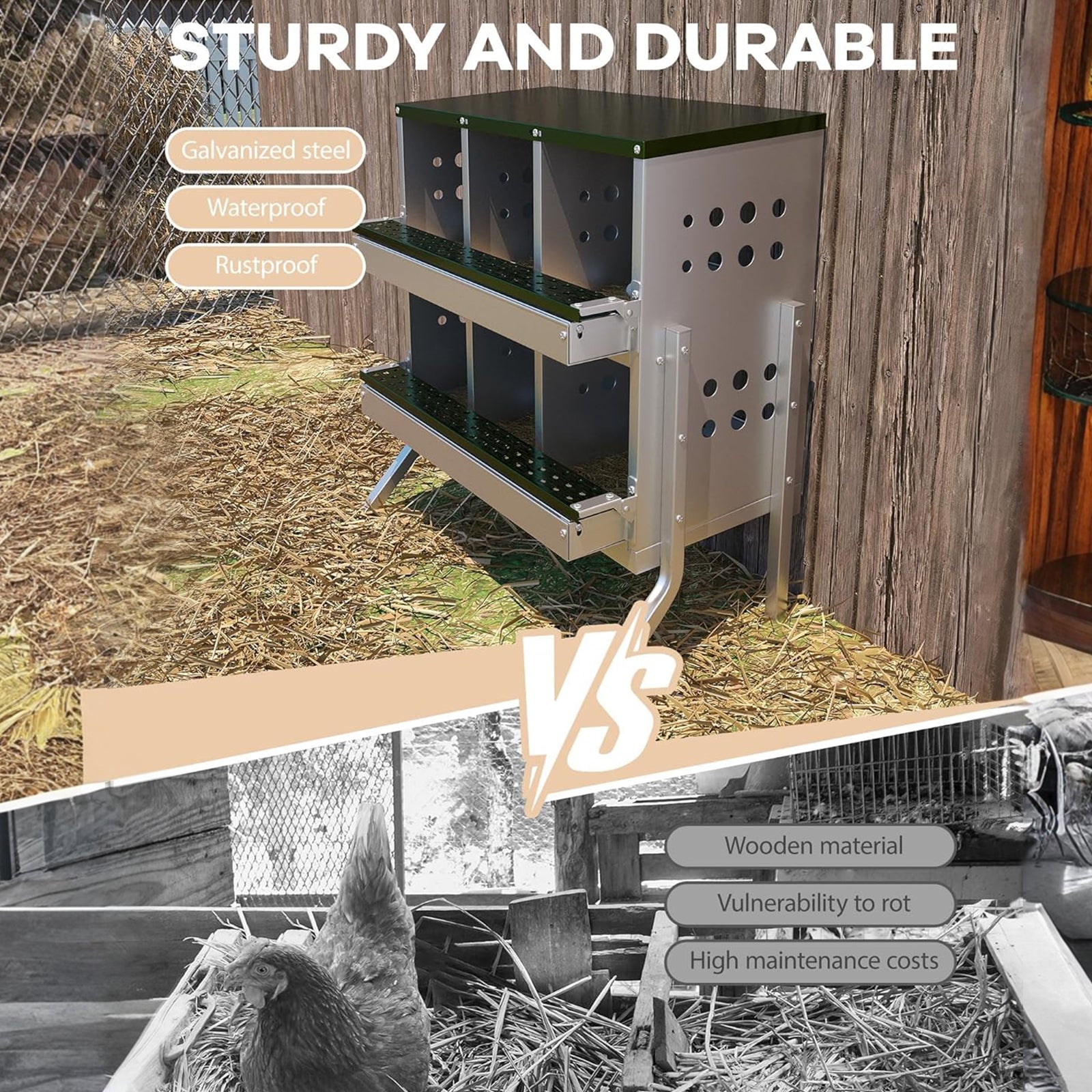 Garvee Hühner Nistkästen 6 Fächer Metall, 69x43x78 cm Gesamt Mit Ständer, 23x25x21.5 cm Pro Fach, Wasserdicht Verzinkter Stahl, Für 6 Hühner (Grün)