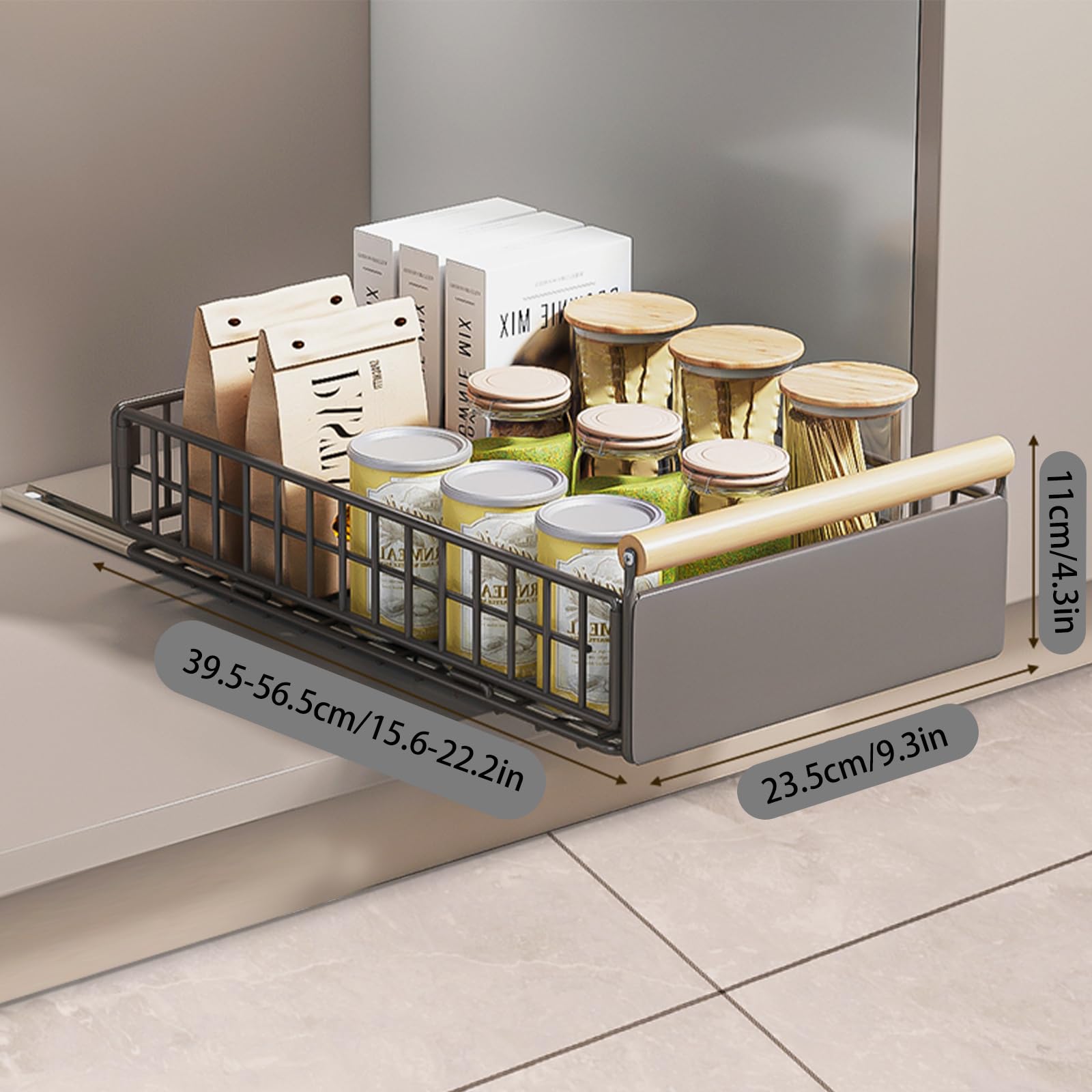 GARVEE Metall Teleskopschublade Ausziehbare Schublade Küche mit Holzgriff Kein Bohren(40x24x11cm)