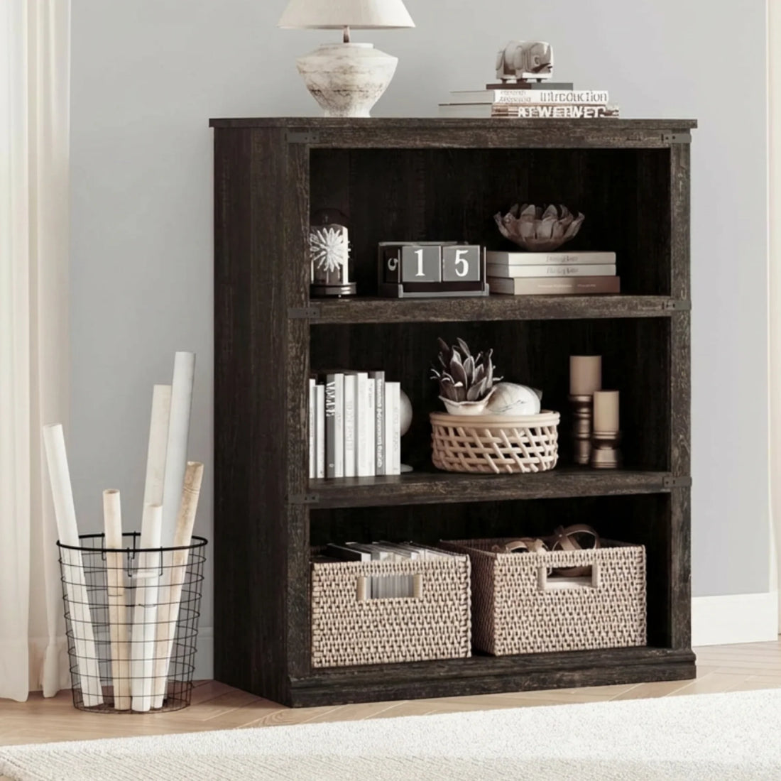 Garvee Bücherregal 4 Ebenen 80 x 32 x 102 cm, breites Standregal aus Holz mit 3 Regalbereichen, stabiles Aufbewahrungsregal im Industrie-Look, Eiche Dunkel