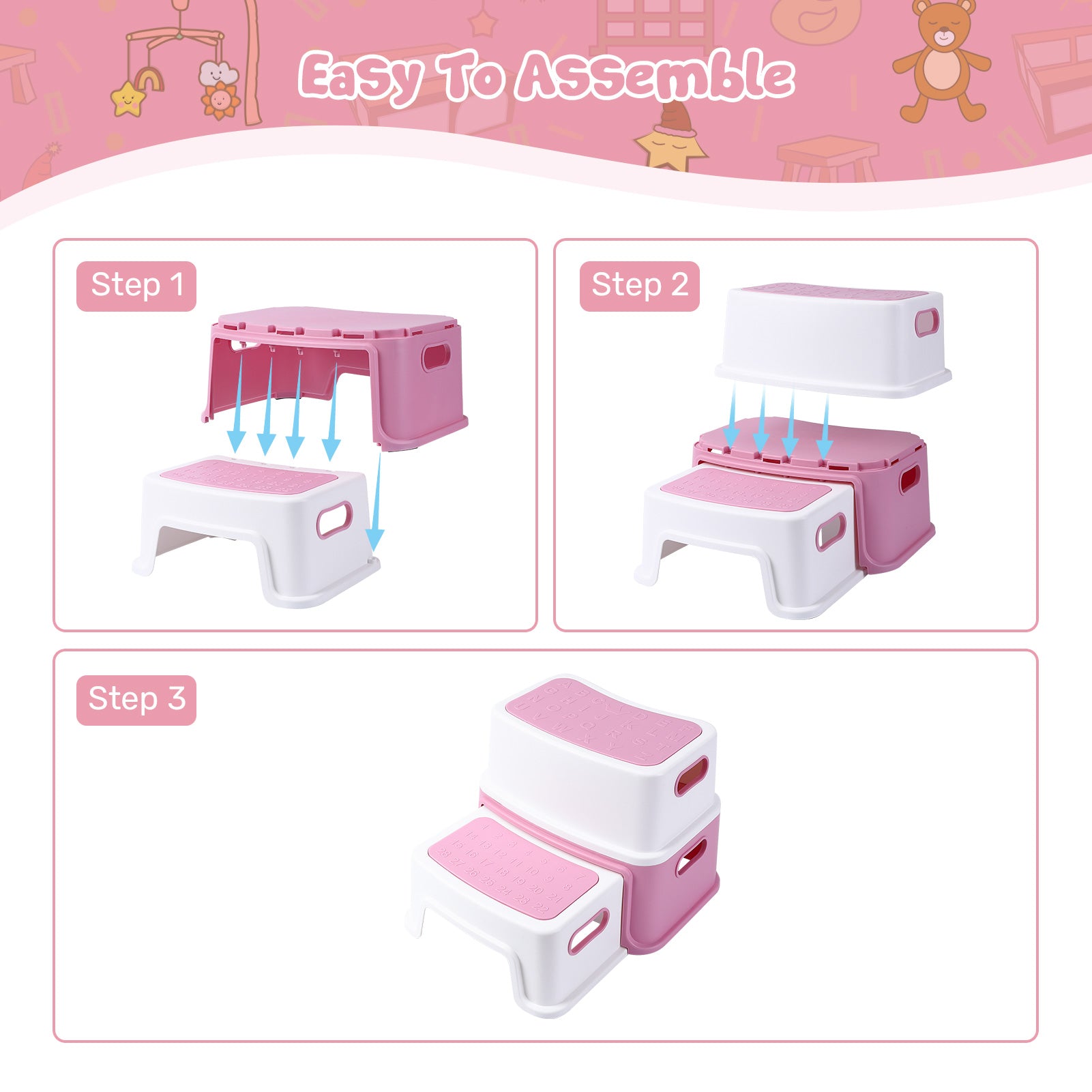 GARVEE Tritthocker für Kinder, 2-Stufiger Kinderhocker aus PP-Kunststoff, Rutschfest und Stabil, Ideal für Waschbecken, Toilette, Badezimmer und Küche, Rosa