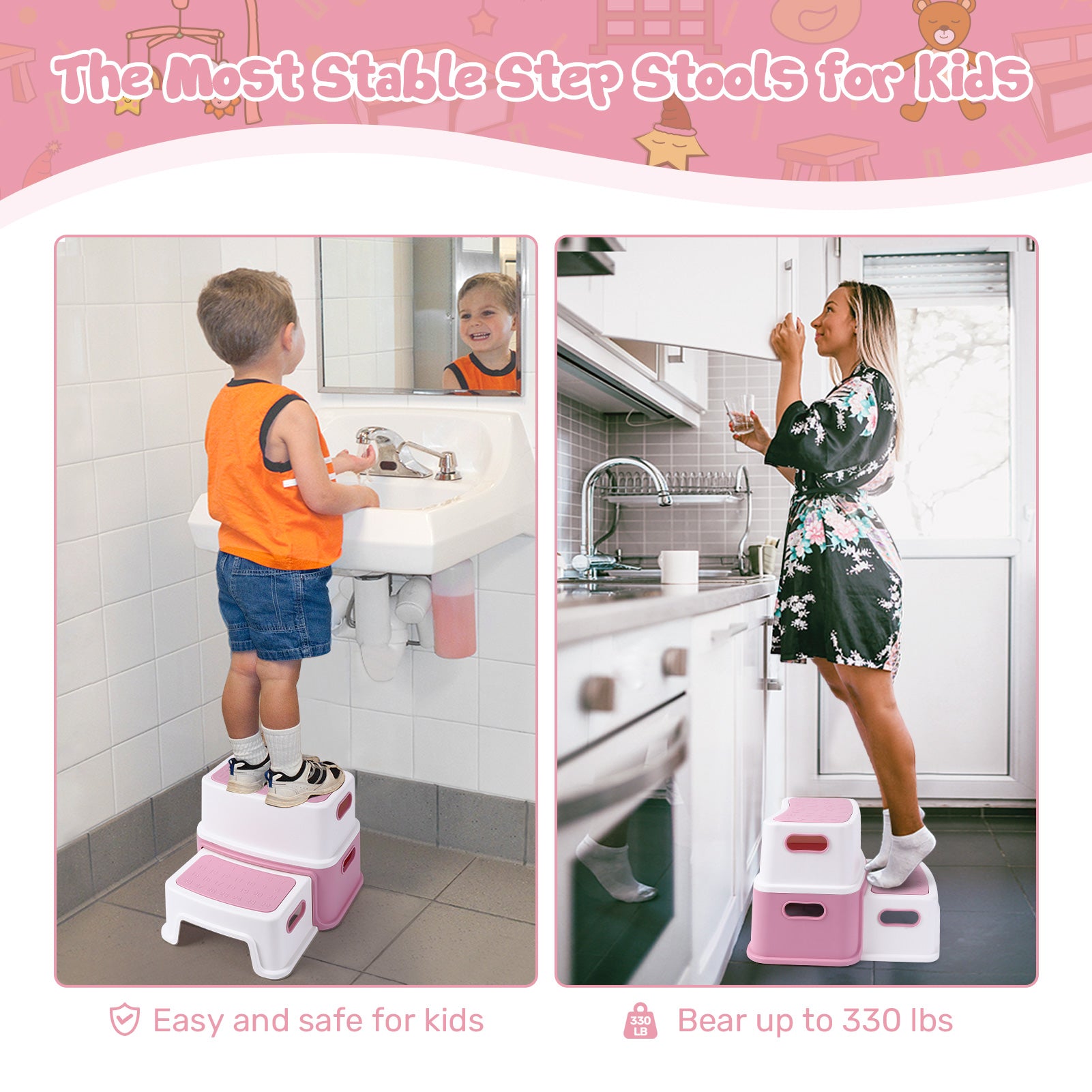 GARVEE Tritthocker für Kinder, 2-Stufiger Kinderhocker aus PP-Kunststoff, Rutschfest und Stabil, Ideal für Waschbecken, Toilette, Badezimmer und Küche, Rosa