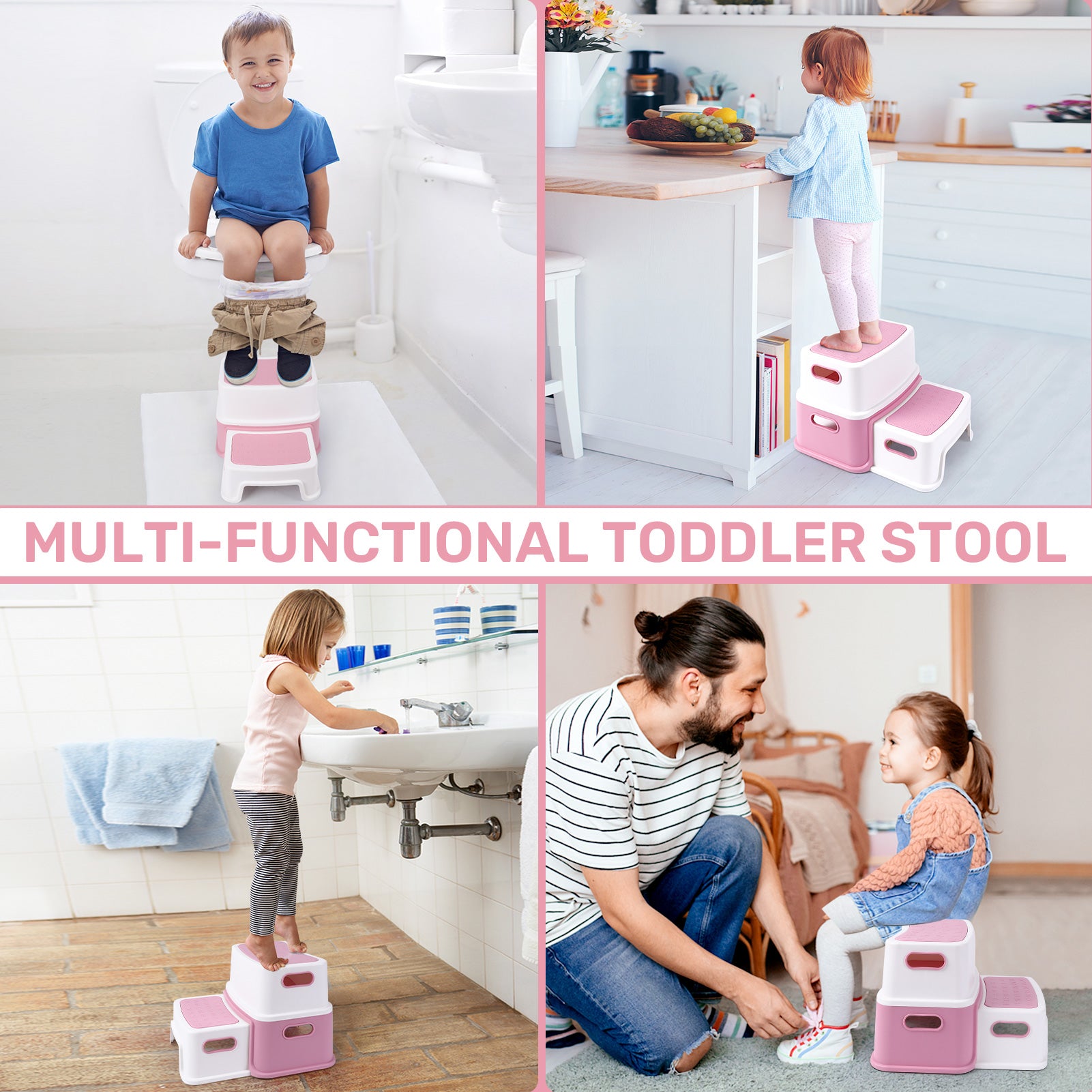 GARVEE Tritthocker für Kinder, 2-Stufiger Kinderhocker aus PP-Kunststoff, Rutschfest und Stabil, Ideal für Waschbecken, Toilette, Badezimmer und Küche, Rosa