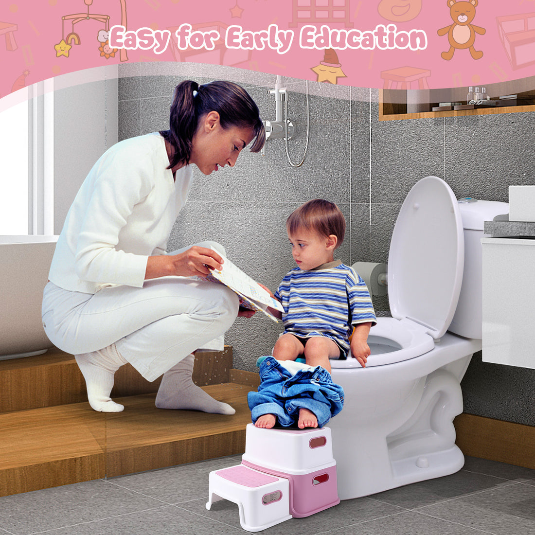 GARVEE Tritthocker für Kinder, 2-Stufiger Kinderhocker aus PP-Kunststoff, Rutschfest und Stabil, Ideal für Waschbecken, Toilette, Badezimmer und Küche, Rosa