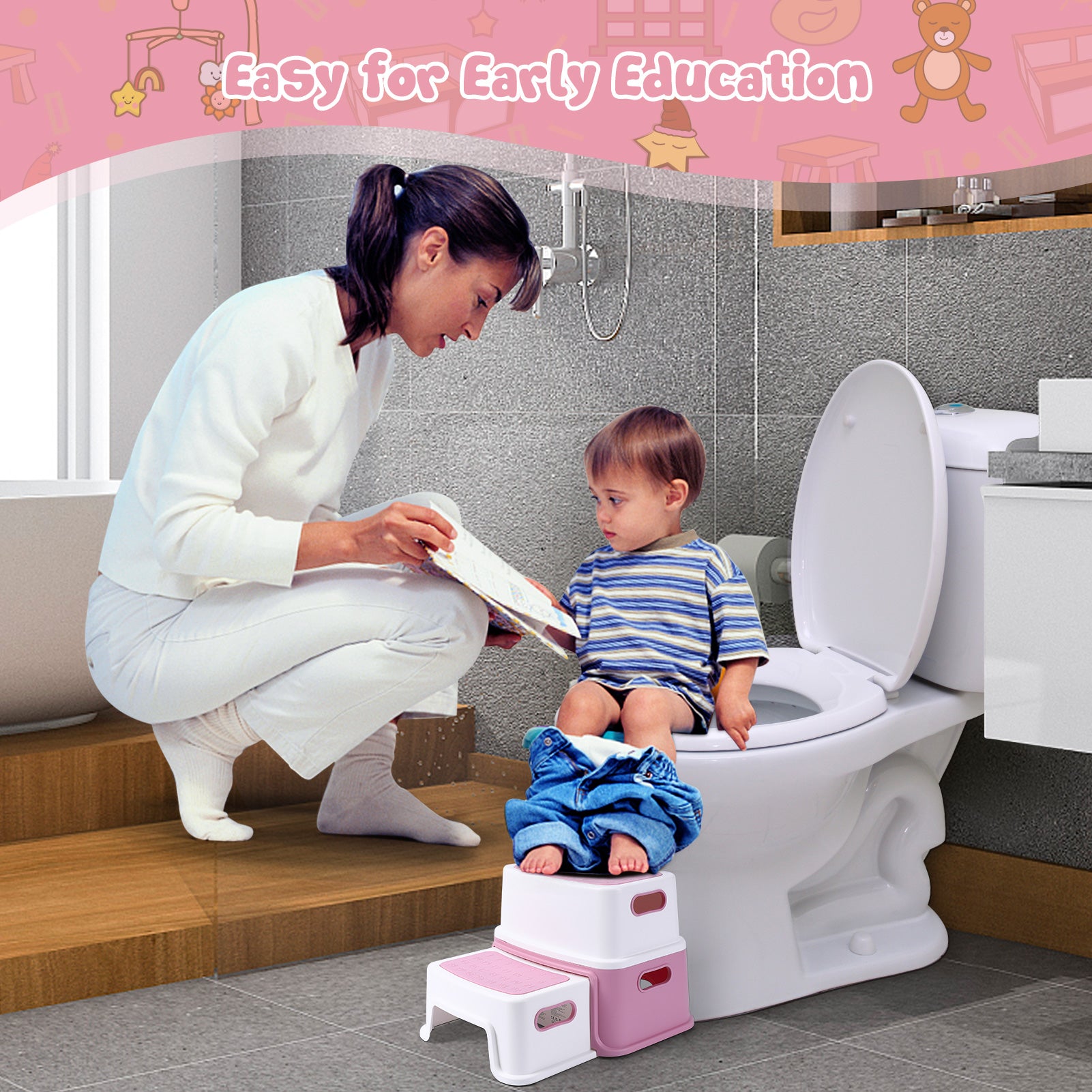 GARVEE Tritthocker für Kinder, 2-Stufiger Kinderhocker aus PP-Kunststoff, Rutschfest und Stabil, Ideal für Waschbecken, Toilette, Badezimmer und Küche, Rosa