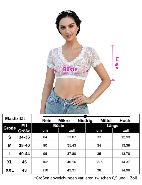 Garvee Damen Traditionelle Weiße Dirndlbluse – Traditionelle Kurzarm-Spitzenbluse für das Oktoberfest, Größe 40, Weiß