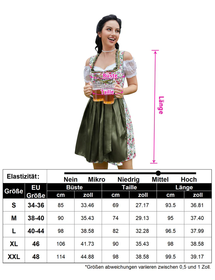 Garvee Dirndl Damen Midi 3tlg Trachtenkleid Für Oktoberfest Karneval Grün Blumen 38