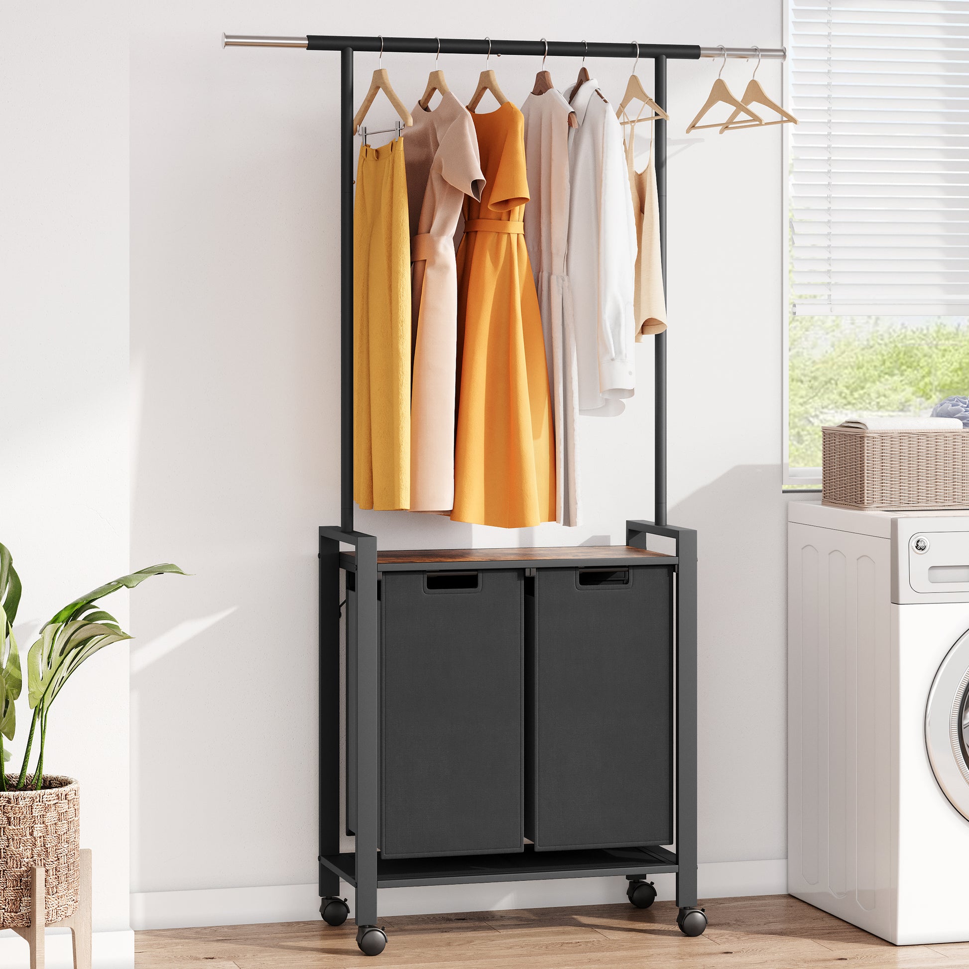 GARVEE Wäschesortierer – 2-Fächer 2x49L Schwarz Oxford-Stoff + Ablage & Garderobenständer für Waschküche/Schlafzimmer, Robust & Platzsparend