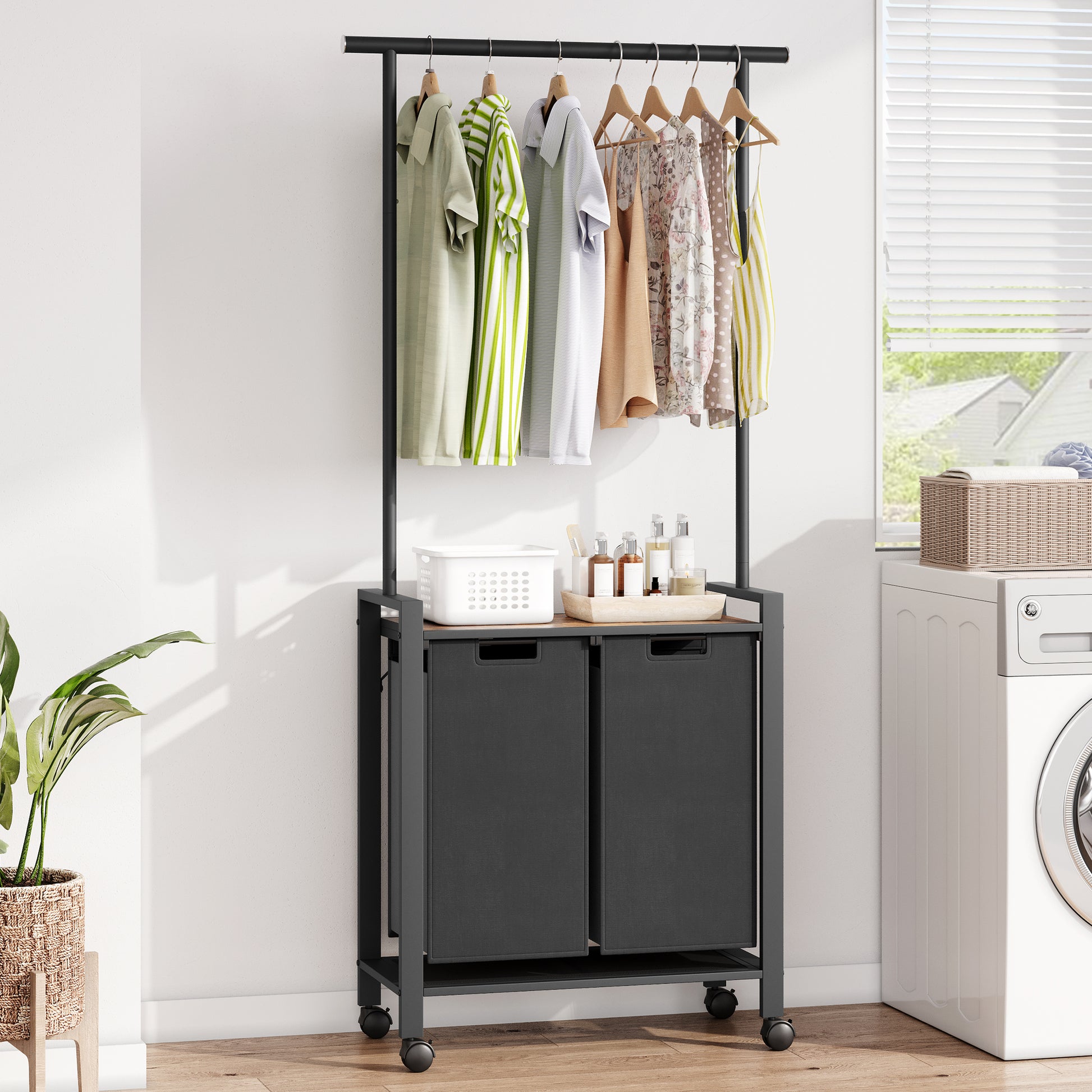GARVEE Wäschesortierer – 2-Fächer 2x49L Schwarz Oxford-Stoff + Ablage & Garderobenständer für Waschküche/Schlafzimmer, Robust & Platzsparend
