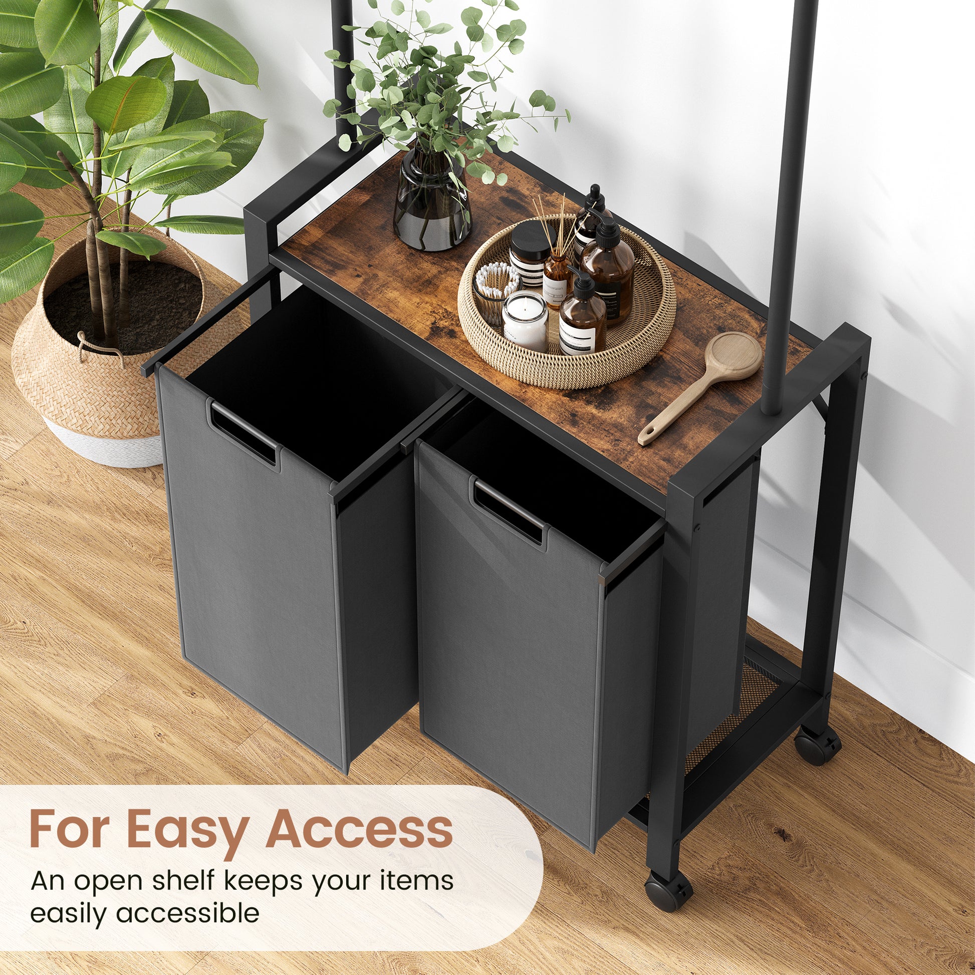 GARVEE Wäschesortierer – 2-Fächer 2x49L Schwarz Oxford-Stoff + Ablage & Garderobenständer für Waschküche/Schlafzimmer, Robust & Platzsparend
