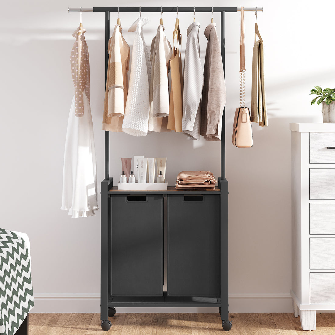 GARVEE Wäschesortierer – 2-Fächer 2x49L Schwarz Oxford-Stoff + Ablage & Garderobenständer für Waschküche/Schlafzimmer, Robust & Platzsparend