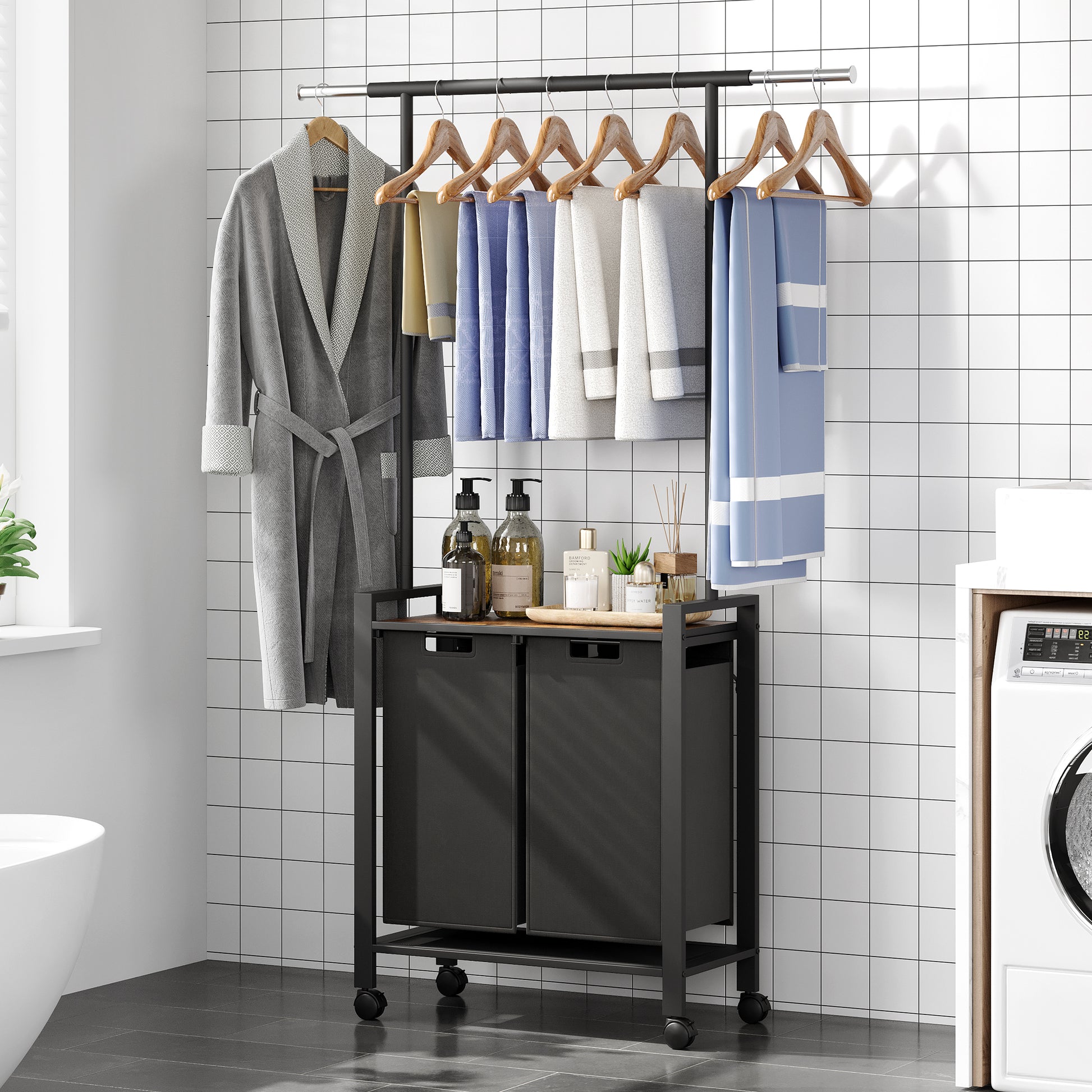 GARVEE Wäschesortierer – 2-Fächer 2x49L Schwarz Oxford-Stoff + Ablage & Garderobenständer für Waschküche/Schlafzimmer, Robust & Platzsparend