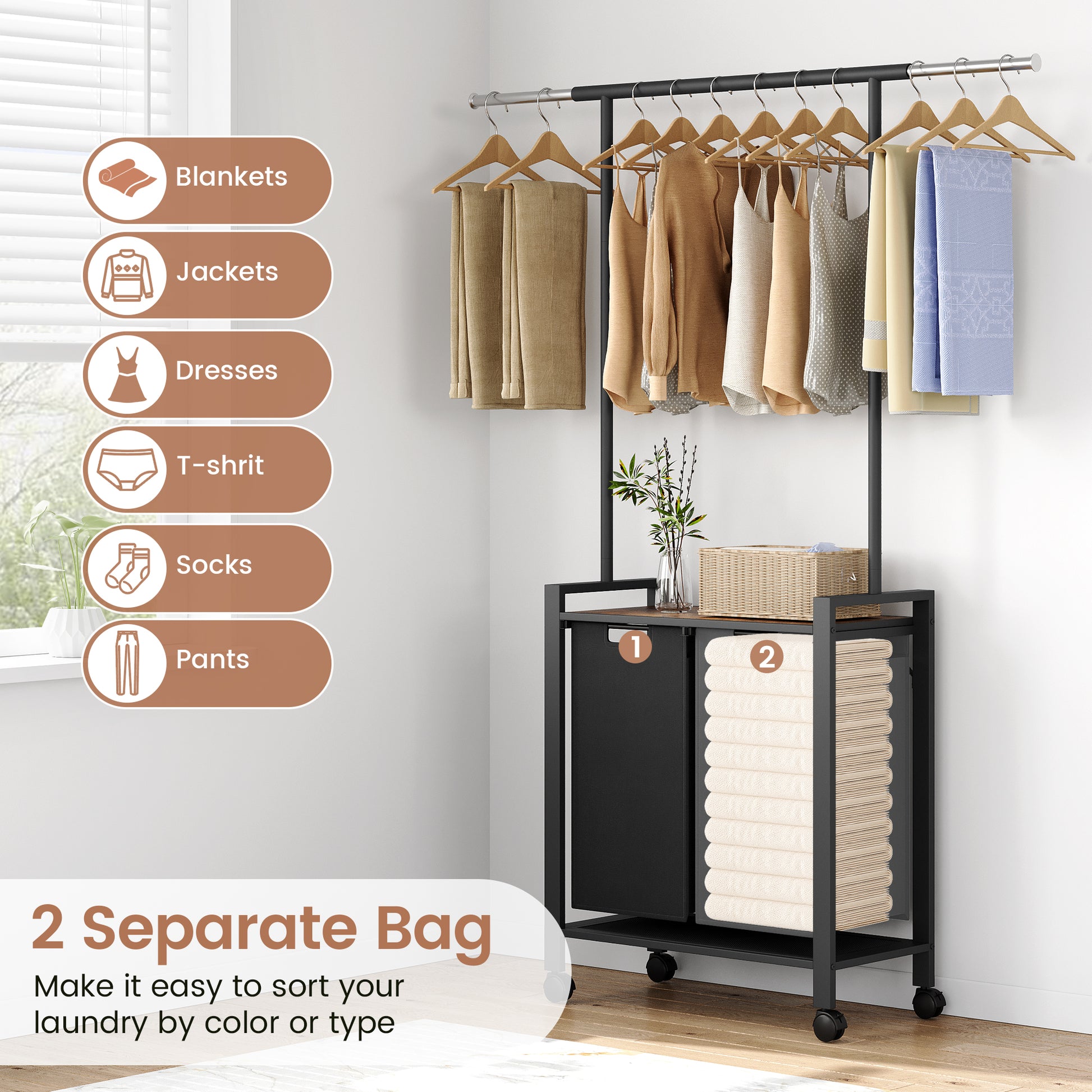 GARVEE Wäschesortierer – 2-Fächer 2x49L Schwarz Oxford-Stoff + Ablage & Garderobenständer für Waschküche/Schlafzimmer, Robust & Platzsparend