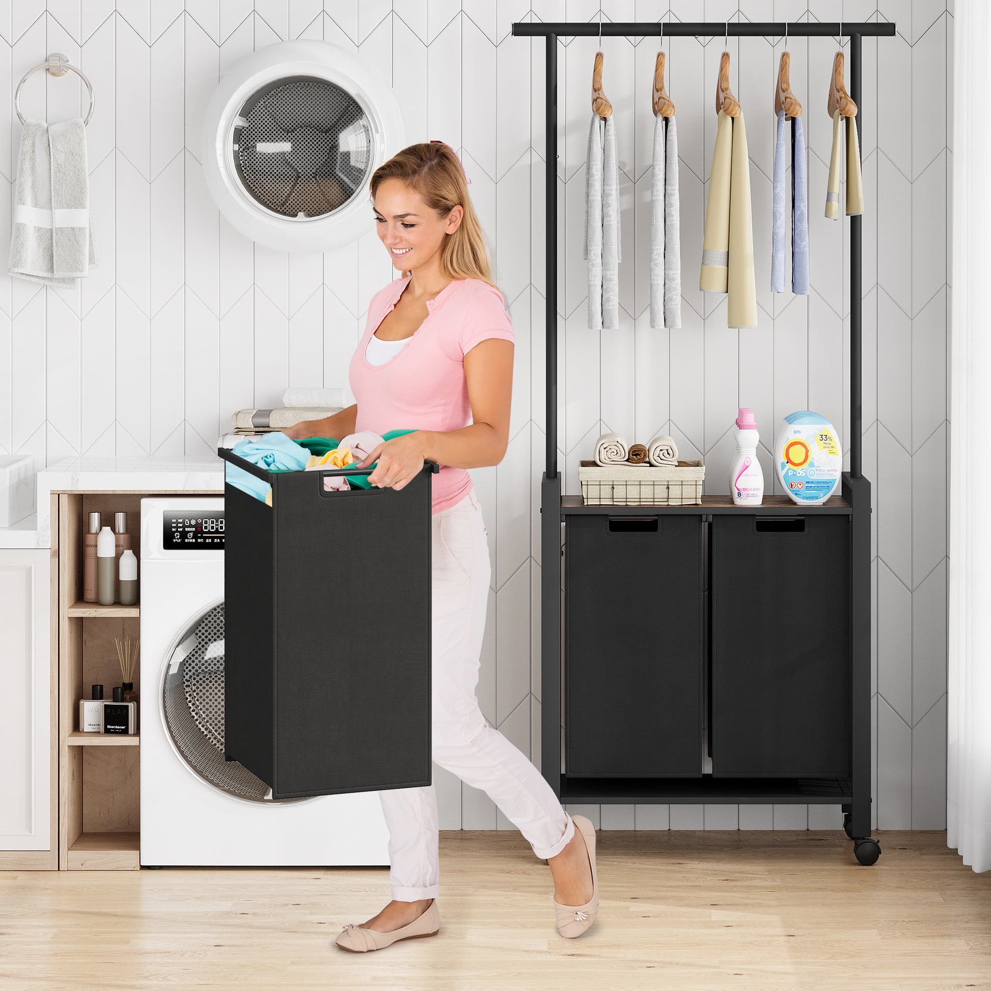 GARVEE Wäschesortierer – 2-Fächer 2x49L Schwarz Oxford-Stoff + Ablage & Garderobenständer für Waschküche/Schlafzimmer, Robust & Platzsparend