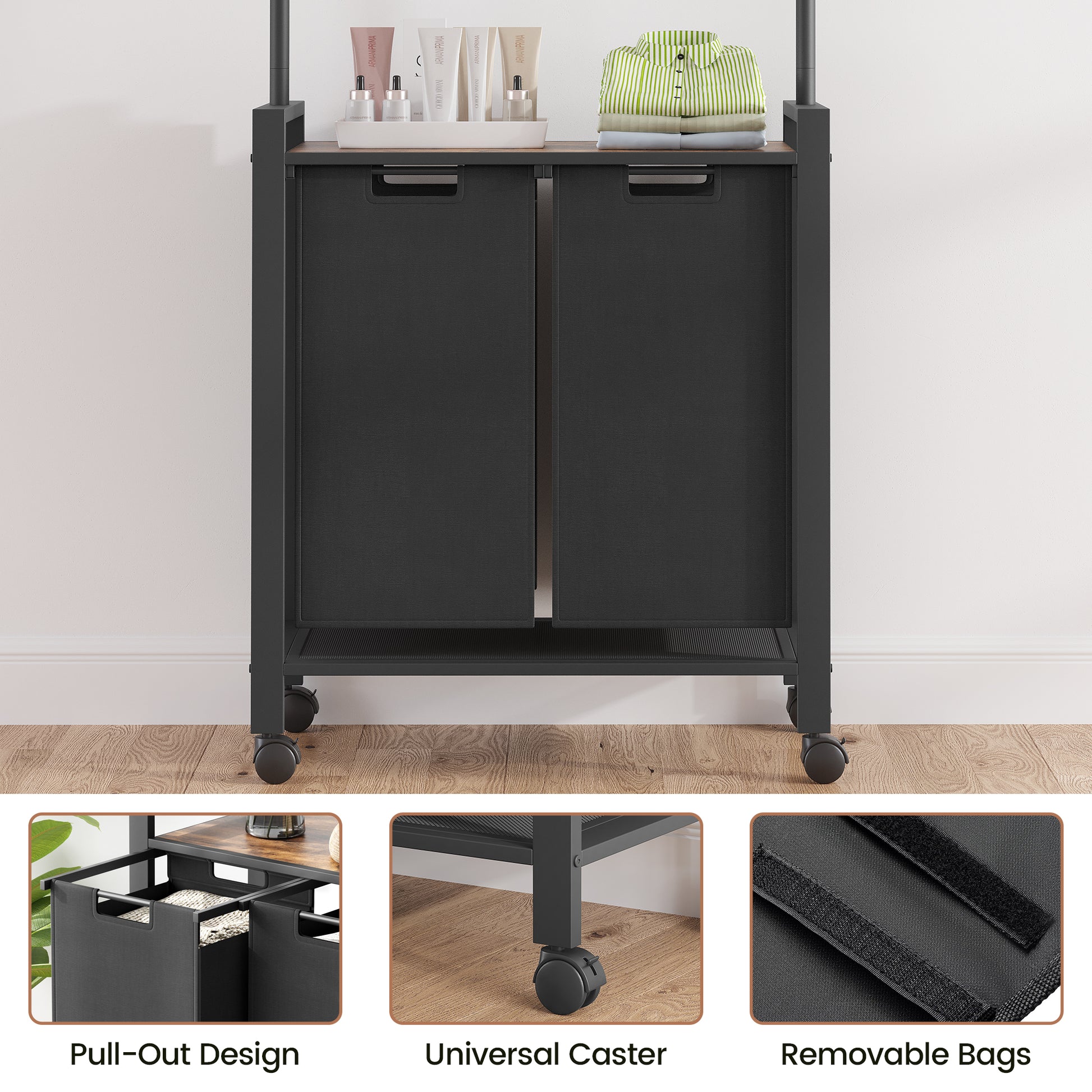 GARVEE Wäschesortierer – 2-Fächer 2x49L Schwarz Oxford-Stoff + Ablage & Garderobenständer für Waschküche/Schlafzimmer, Robust & Platzsparend