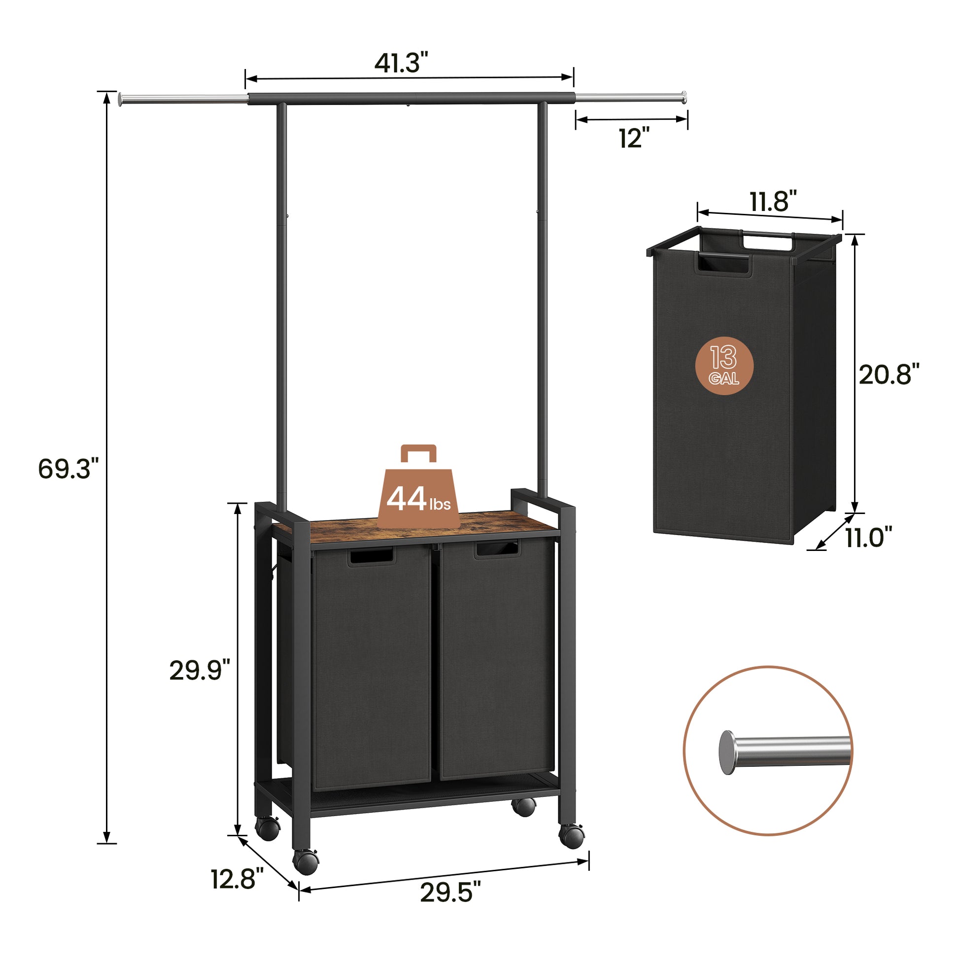 GARVEE Wäschesortierer – 2-Fächer 2x49L Schwarz Oxford-Stoff + Ablage & Garderobenständer für Waschküche/Schlafzimmer, Robust & Platzsparend