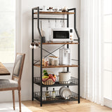 Garvee Küchenregal 5-stufig Mit Mikrowellenständer, 2 Drahtkörbe, 8 Haken, MDF, Braun - Braun