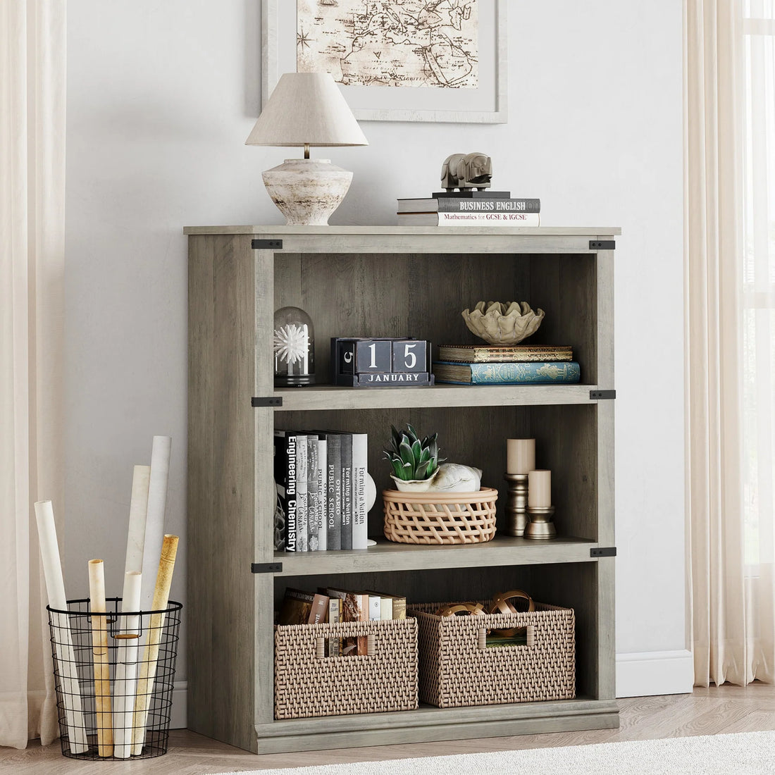 Garvee Bücherregal 4 Ebenen 80 x 32 x 102 cm, breites Standregal aus Holz mit 3 Regalbereichen, stabiles Aufbewahrungsregal im Industrie-Look, Grau