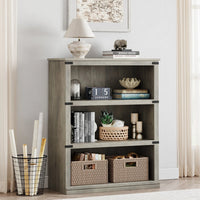 Garvee Bücherregal 4 Ebenen 80 x 32 x 102 cm, breites Standregal aus Holz mit 3 Regalbereichen, stabiles Aufbewahrungsregal im Industrie-Look, Grau